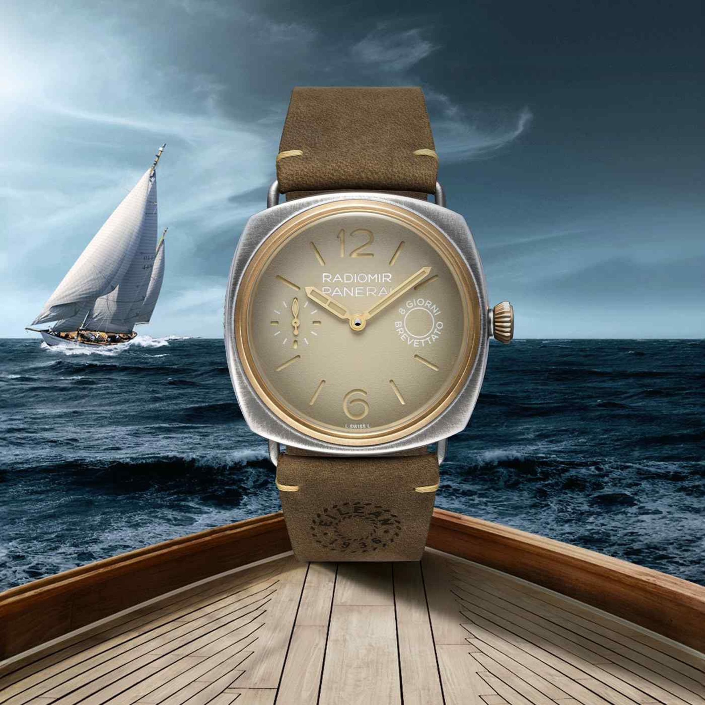 PANERAI Radiomir 8 Giorni Eilean Experience Edition PAM01643：這是沛納海以其出資修復的 1936 年 Eilean 號古董帆船為主題設計的體驗版腕錶，錶款以 45mm 經典 Radiomir 殼形表現，Brunito 精鋼錶殼配以青銅錶圈，並搭載 P.5000 八日動力手上鏈機芯。購買此錶的錶主們，除了乘坐 Eilean號航行於地中海，並攀登歐洲最高活火山「埃特納火山」（Mount Etna），並在古希臘神廟聆聽義大利歌劇並參加正式晚宴。功能：時、分、秒指示；機芯：手上鏈機芯；定價：約NT$1,456,000（限量30只）。