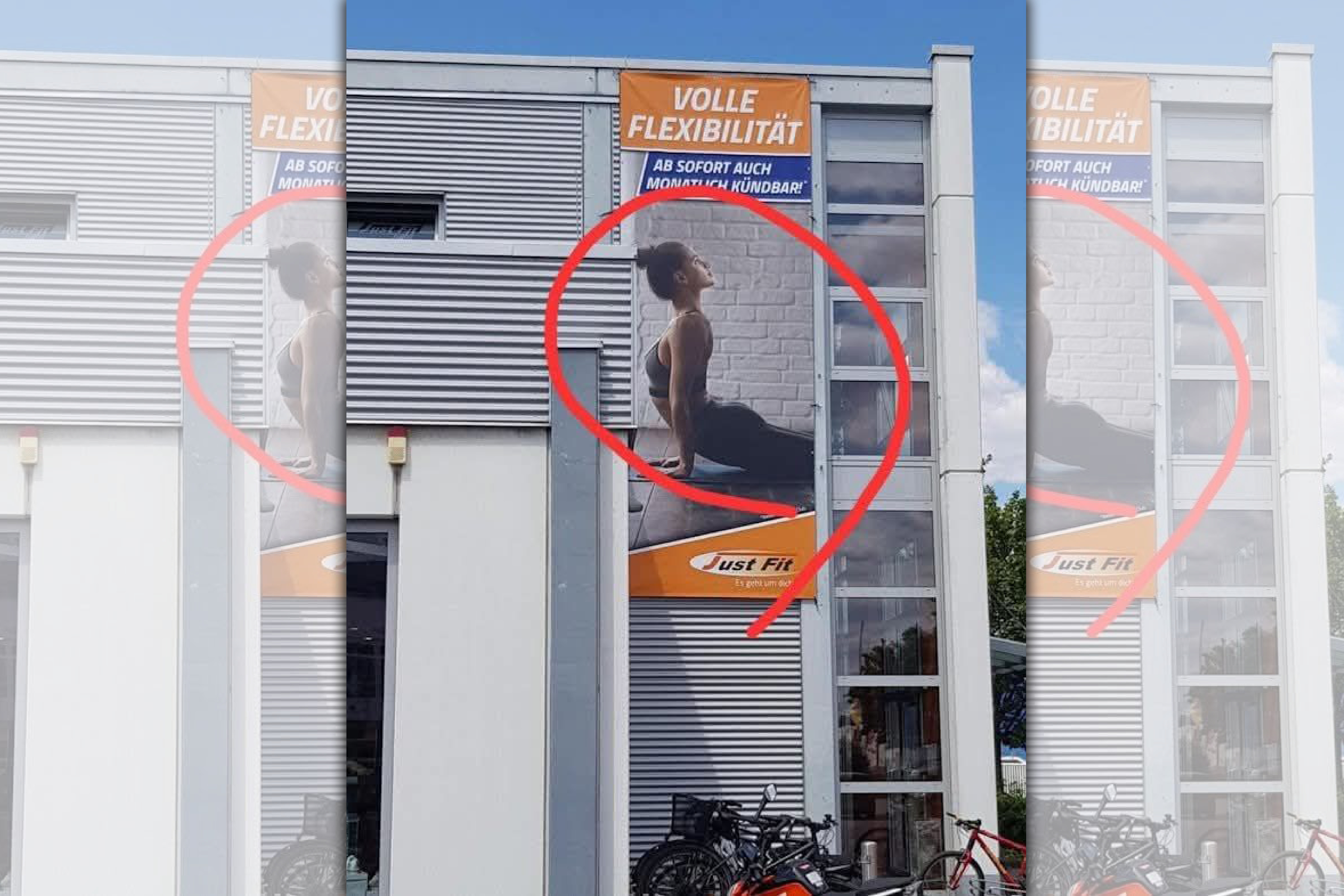 網友分享一張瑜伽廣告看板，仔細一看卻發現怪怪的，引起網友熱議。（翻攝自爆廢公社臉書社團）