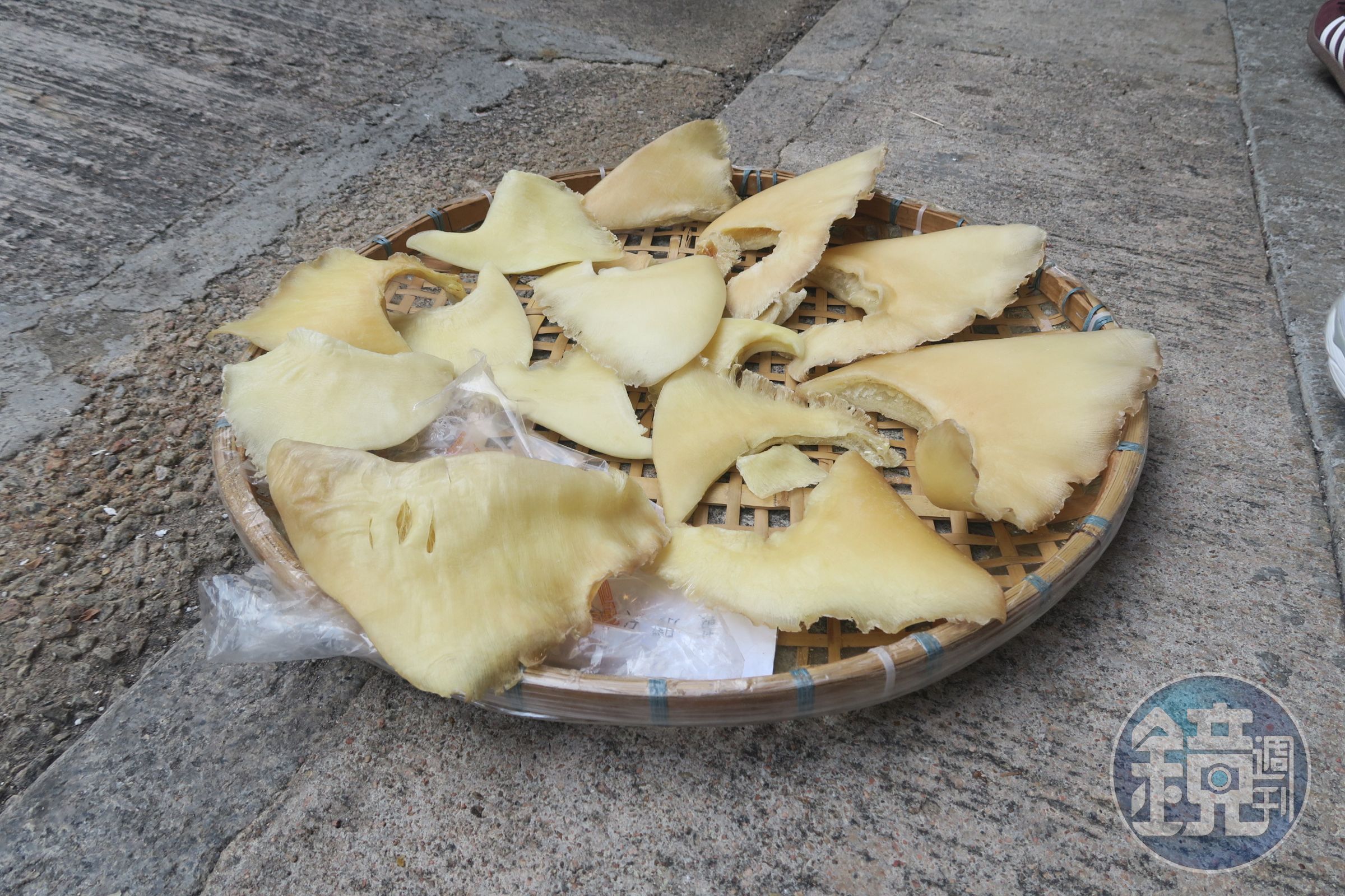 潮州人善烹魚翅,店前直接放一籃在陽光下曝曬。