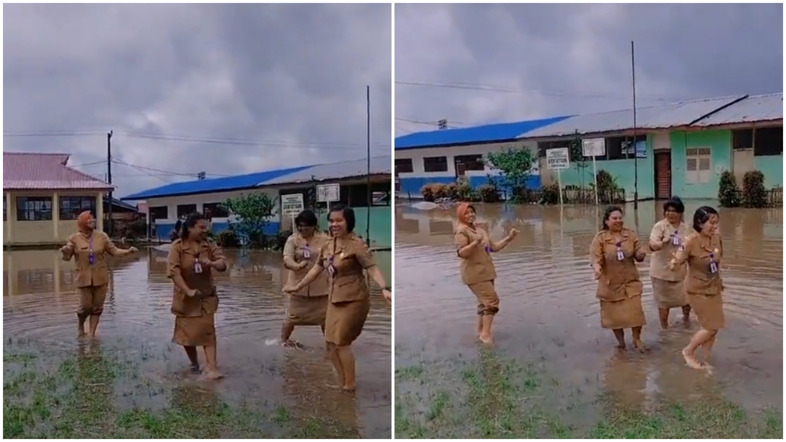 校園大淹水，印尼女校長與其他師長不救災「水中開心熱舞」。（翻攝tiktok）