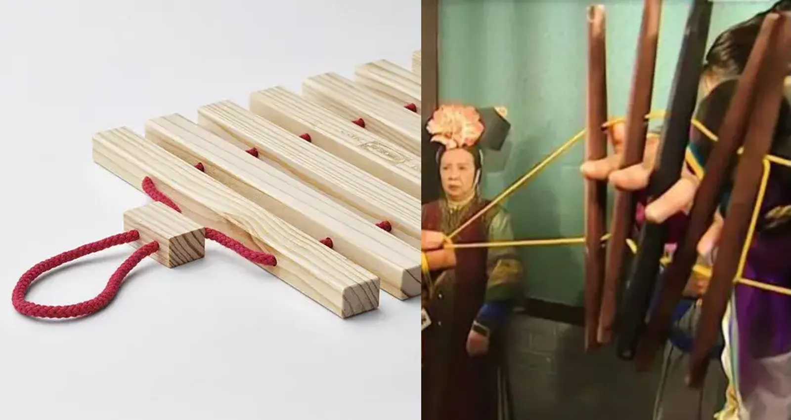 IKEA販售一款售價79元的「HALVNÄBB松木隔熱墊」(左),因採用紅色繩索串聯實心木片且可拉繩伸縮,遭網友分享至Threads後被指外型神似古代刑具「夾棍」(右),引發大量網友熱烈討論並掀起電影經典台詞洗版潮。(翻攝自ikea官網、YT)
