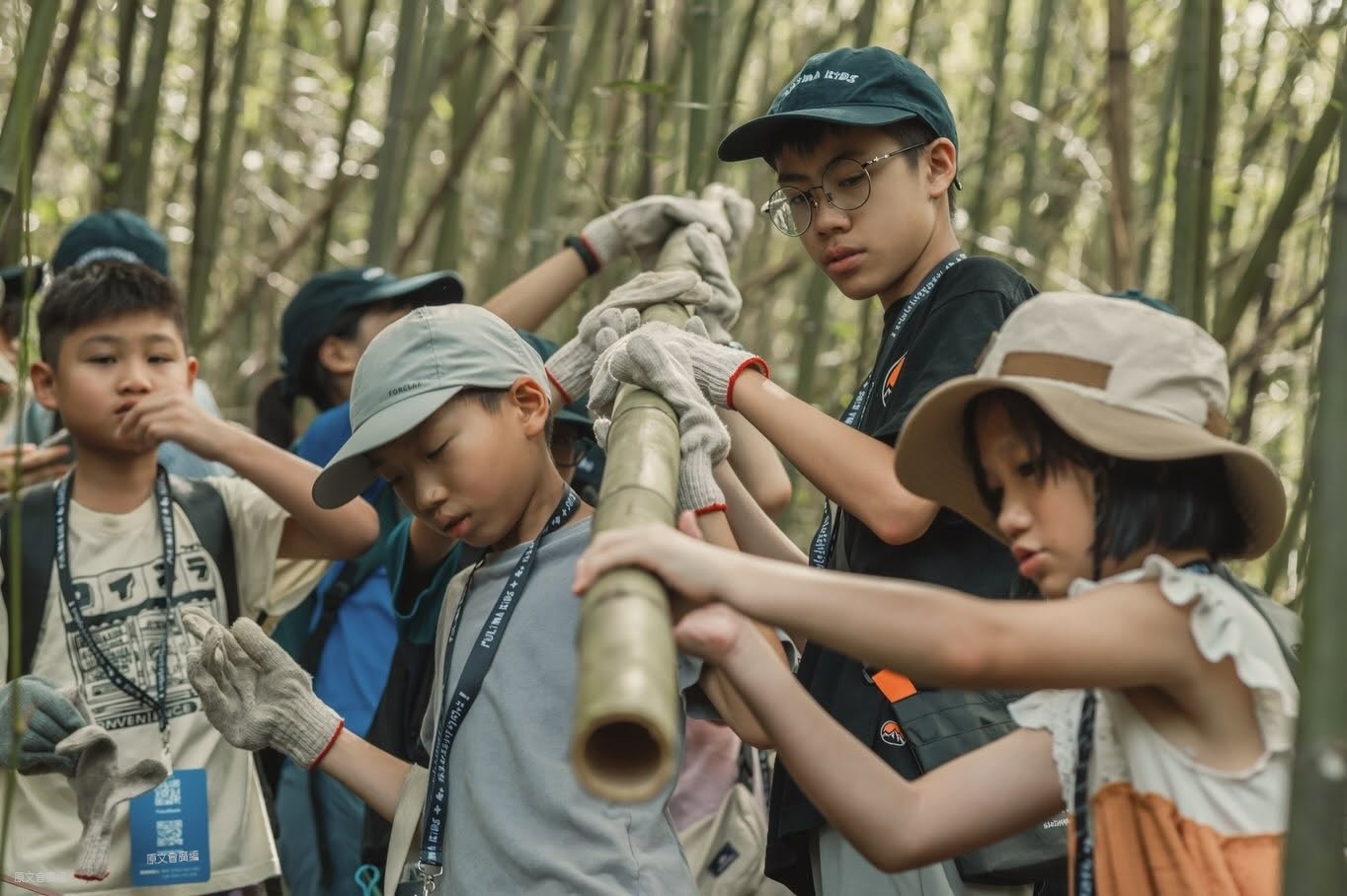 孩子將竹材扛上肩，理解部落生活技能如何與身體、土地相連。（原文會提供）