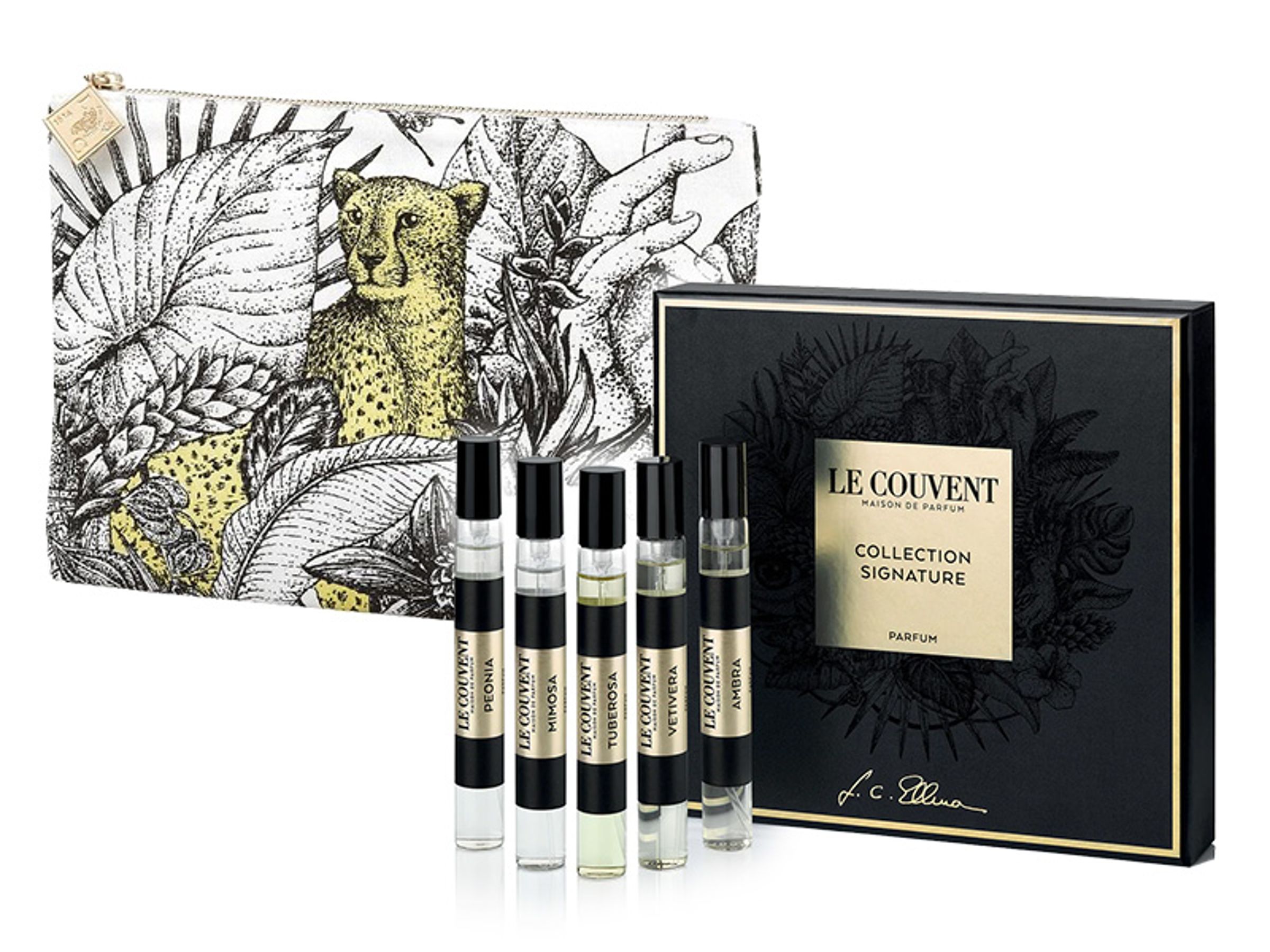洛蔻芳大師系列香精隨身瓶禮盒，原價3,580元；洛蔻芳黃色獵豹帆布拉鍊袋，原價500元，合購特價3,580元。