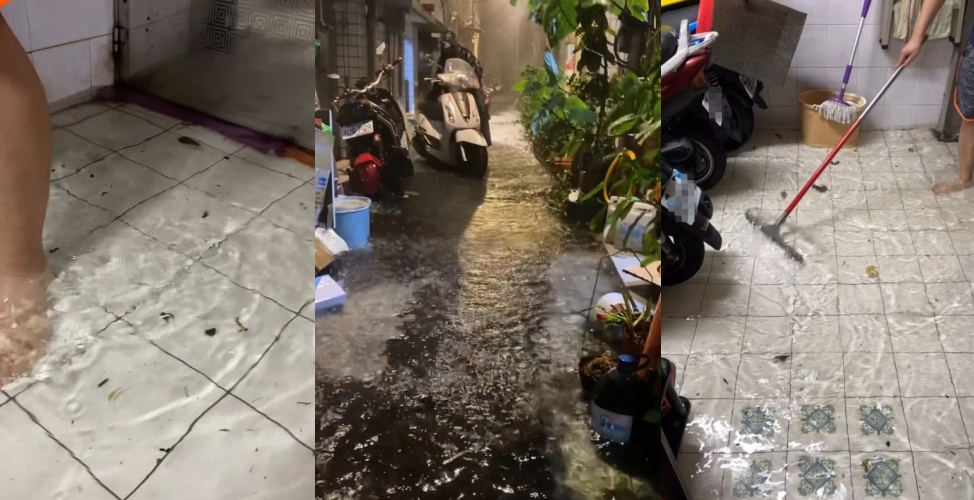 中和住戶家門口積水達腳踝深，水勢一度灌進廚房。（Threads網友cherryen授權提供）