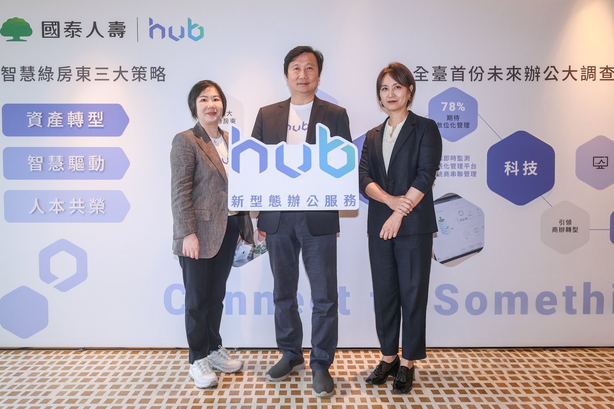 國泰人壽今日發布金融業首份《未來辦公趨勢報告》,並宣布以「資產轉型、智慧驅動、人本共榮」三大策略,啟動商辦資產的全面升級,大規模導入「hub新型態辦公服務」。圖左起為國泰金控副總經理林佳穎、國泰人壽副總經理郭文鎧、IPSOS益普索市場研究公司總監劉玉婷。(圖/國泰人壽提供)