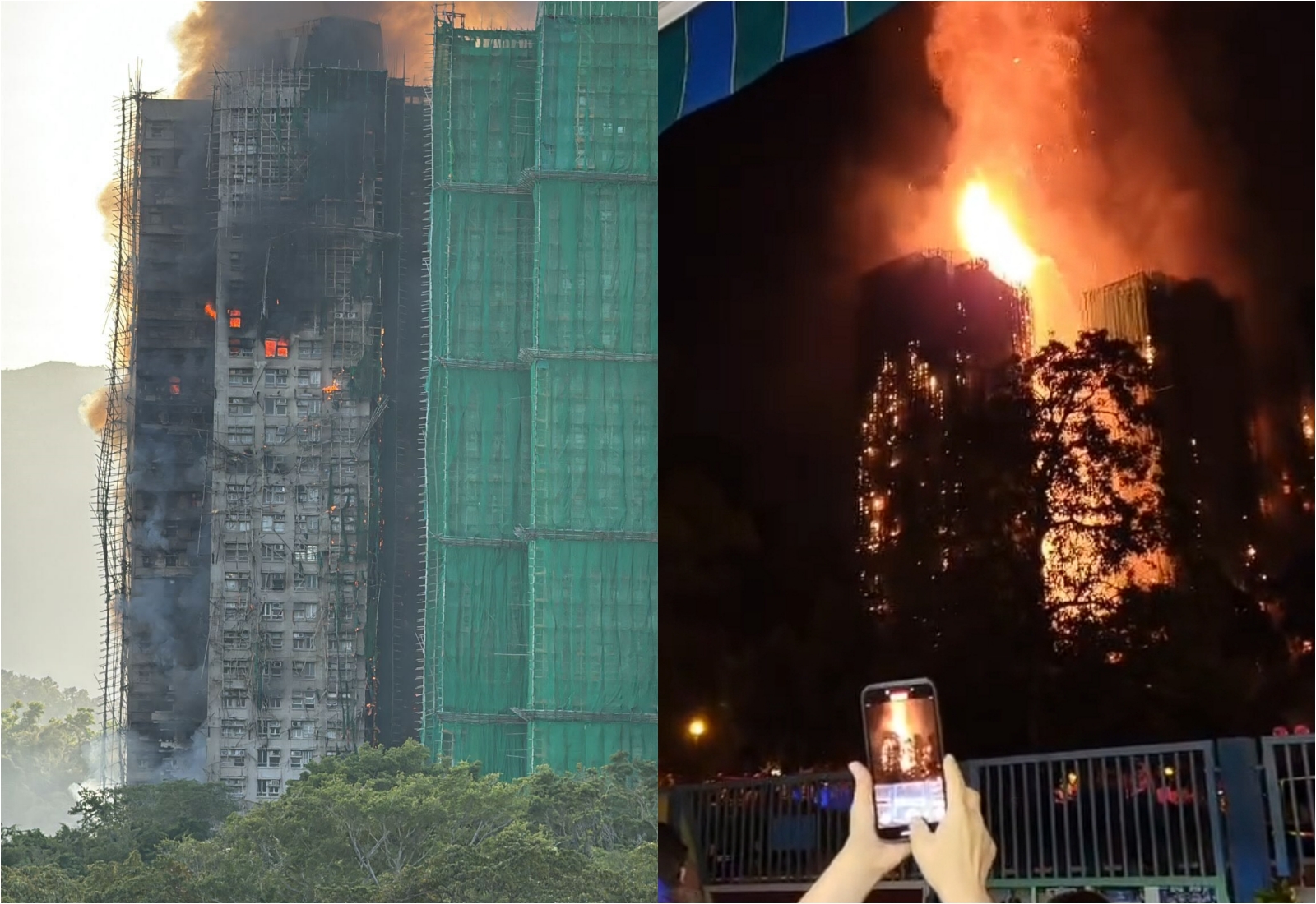香港大埔宏福苑發生嚴重火警，熊熊烈焰讓人看了怵目驚心，傳出已4死7傷。（翻攝自Threads @jackyyy0728/@kyho_c）
