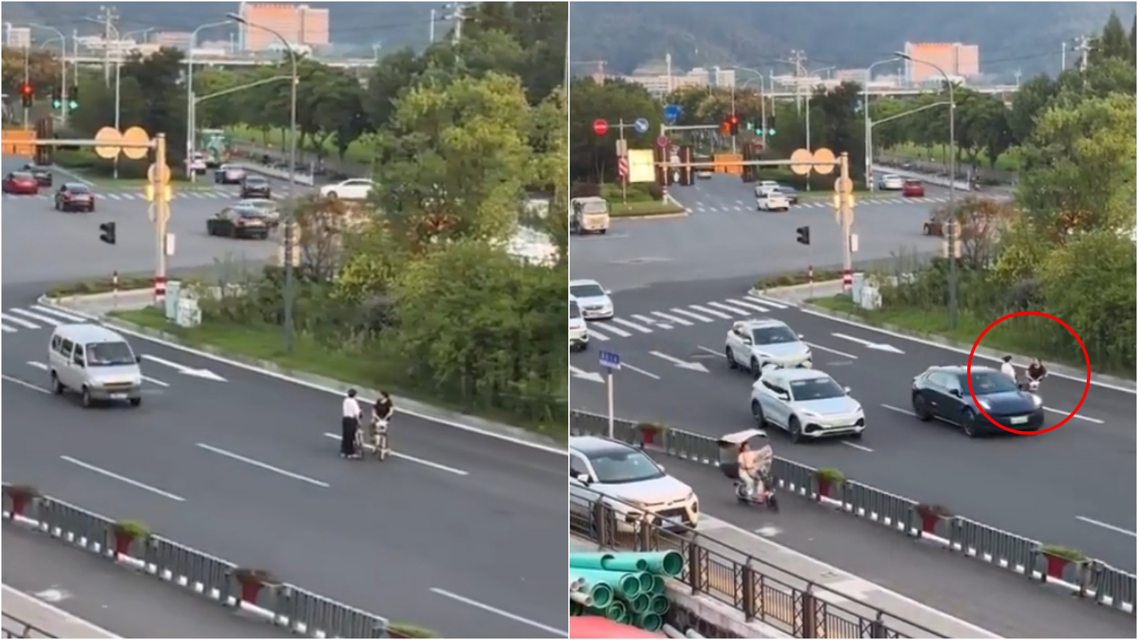 中國大媽把4線道當客廳聊開了。（翻攝微博）