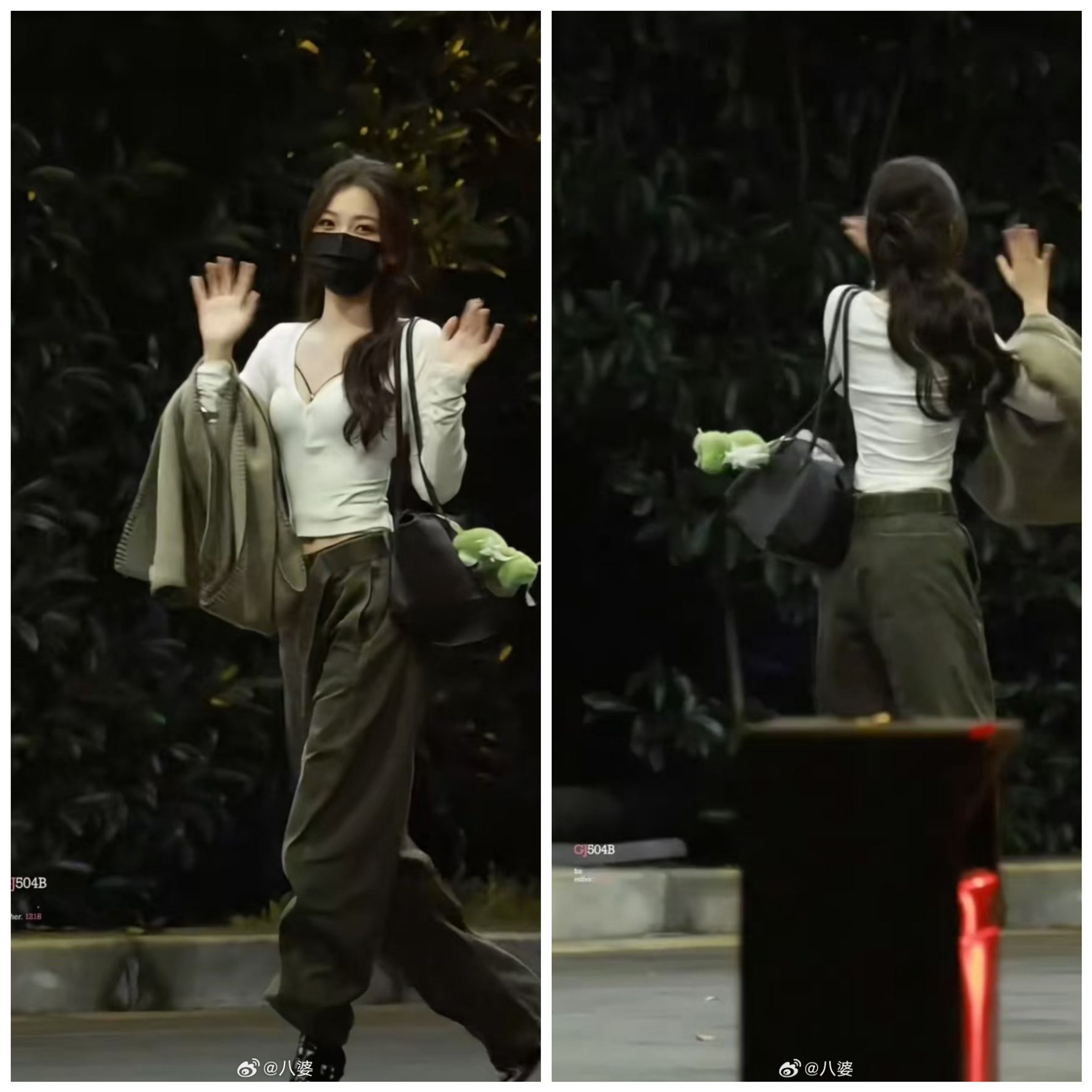虞書欣在北京機場被拍到週邊不見粉絲，卻對著空氣揮手，被嘲「粉絲藏在異次元」。（微博圖片）