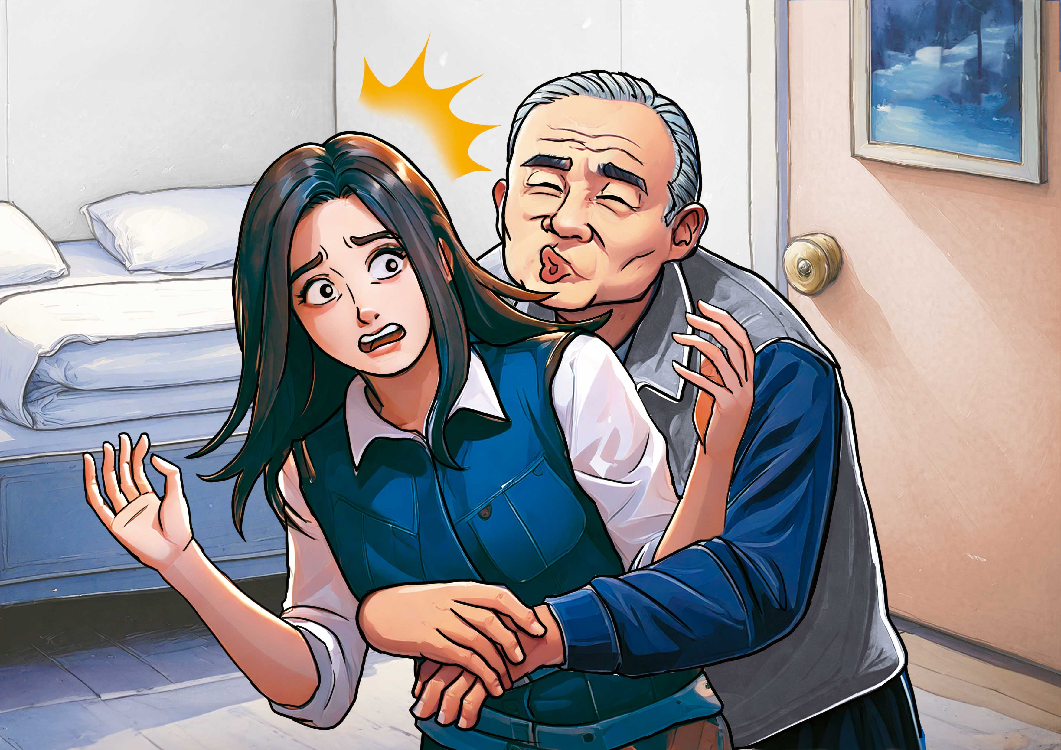 林勝東(右)趁洪佳君(左)上完廁所,從洪的後方熊抱,企圖強吻。(AI繪圖Adobe Firefly生成,本刊美術組後製)