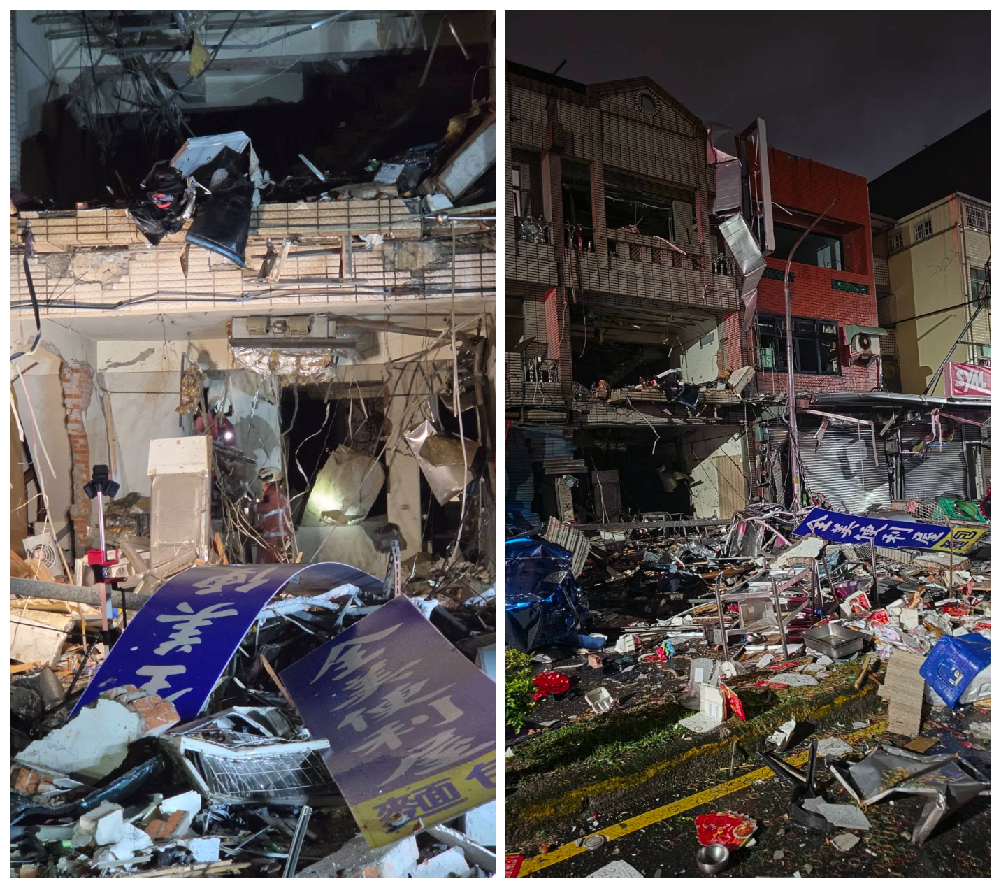 氣爆造成連棟建築嚴重受創,便當店與鄰近店家幾乎面目全非,滿地殘骸令人怵目驚心。(翻攝許修睿臉書)