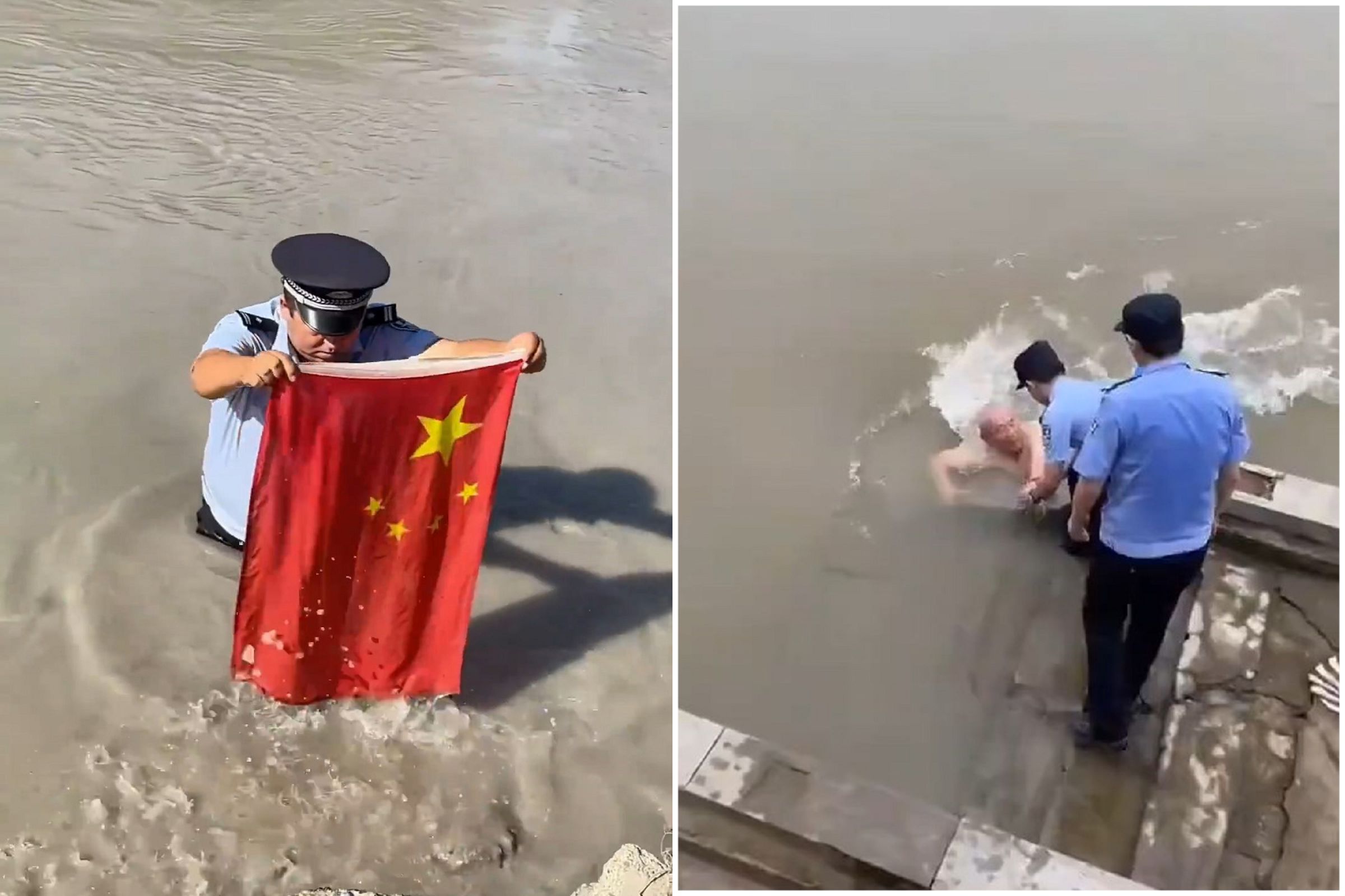 中國警救國旗成功、救人失敗!救援態度兩極惹議,老翁慘被「放水流」生死不明。(翻自微博)