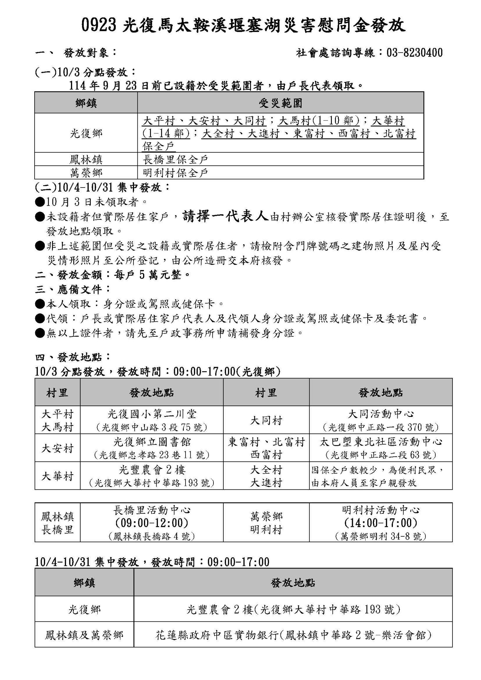 慰問金發放相關資訊。（花蓮縣政府提供）