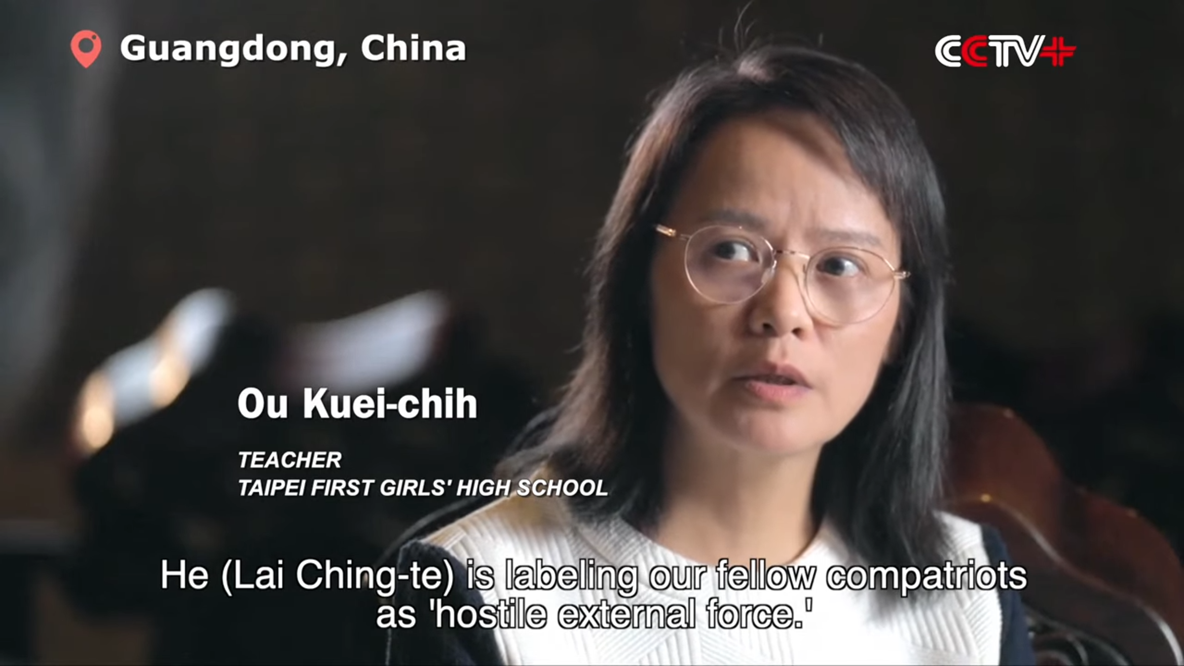 區桂芝在中國接受《央視》訪問，遭民眾檢舉違反教育中立。（翻攝自YouTube  CCTV Video News Agency）