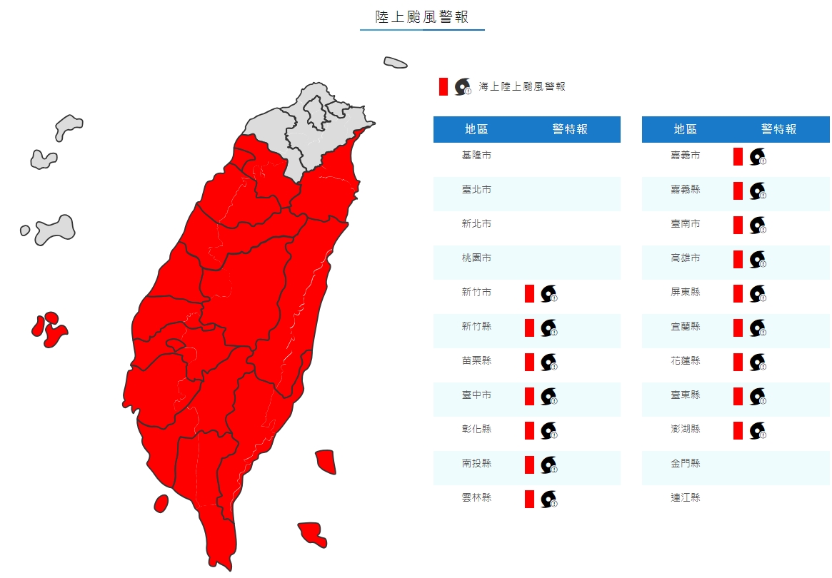 中央氣象署宣布陸上颱風警報。(翻攝自中央氣象署)