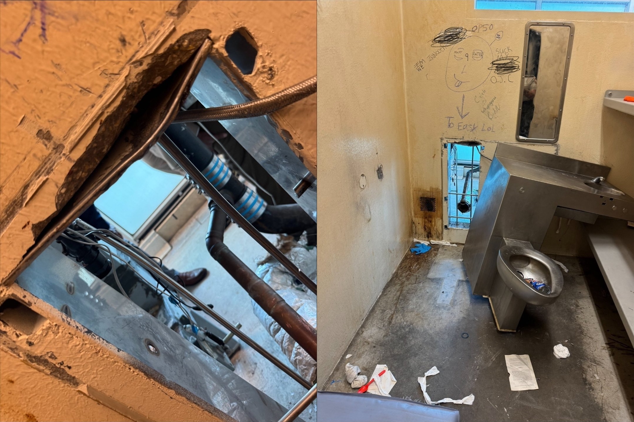 美國驚傳多名重刑犯集體逃獄，將牆鑿出大洞後逃脫。（翻攝X@HNeiderhiser）