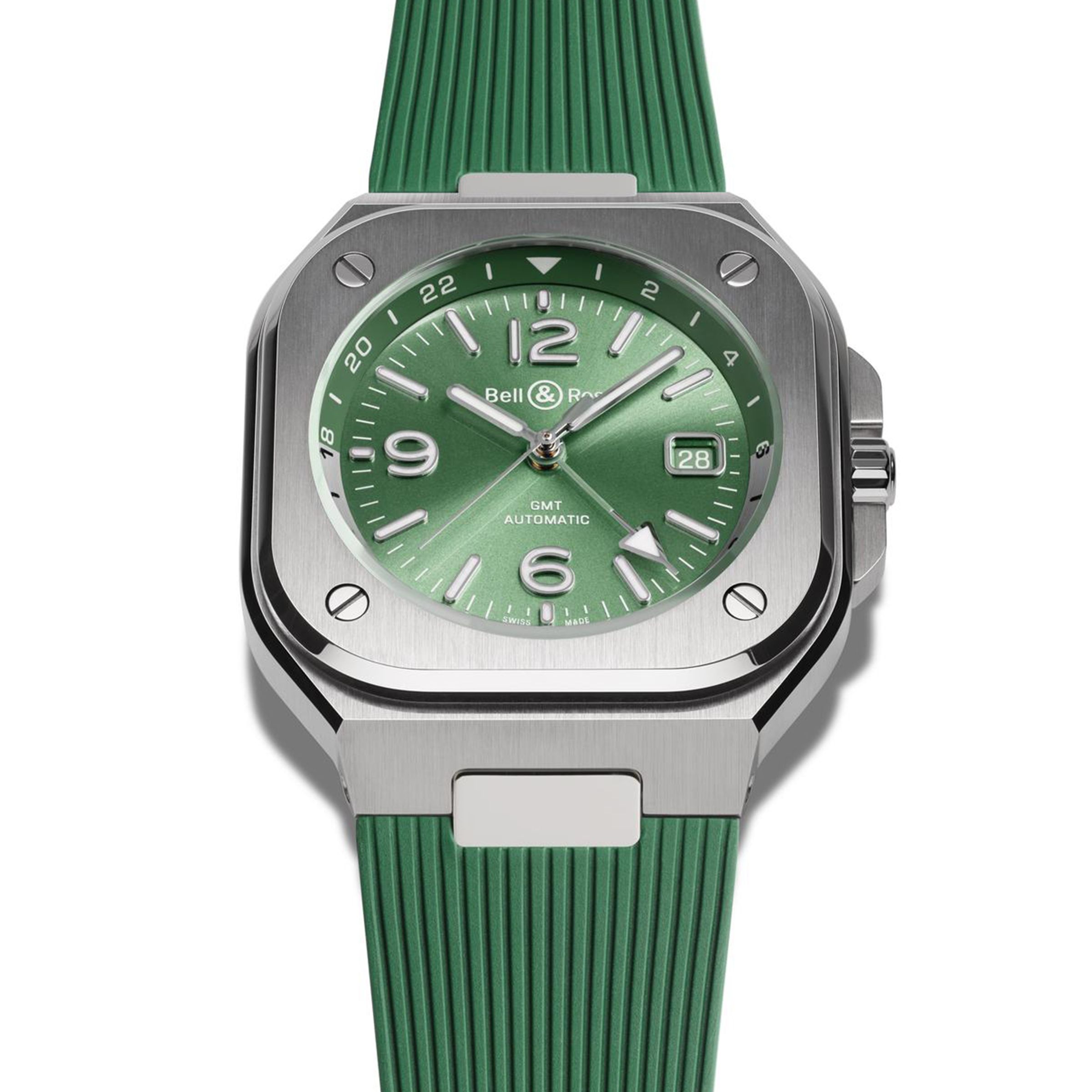 BR-05 GMT Green Steel｜錶徑41mm／不鏽鋼錶殼／時、分、秒、日期、兩地時間指示／BR-CAL.325-1自動上鍊機芯／動力儲存約54小時／定價NT$170,000