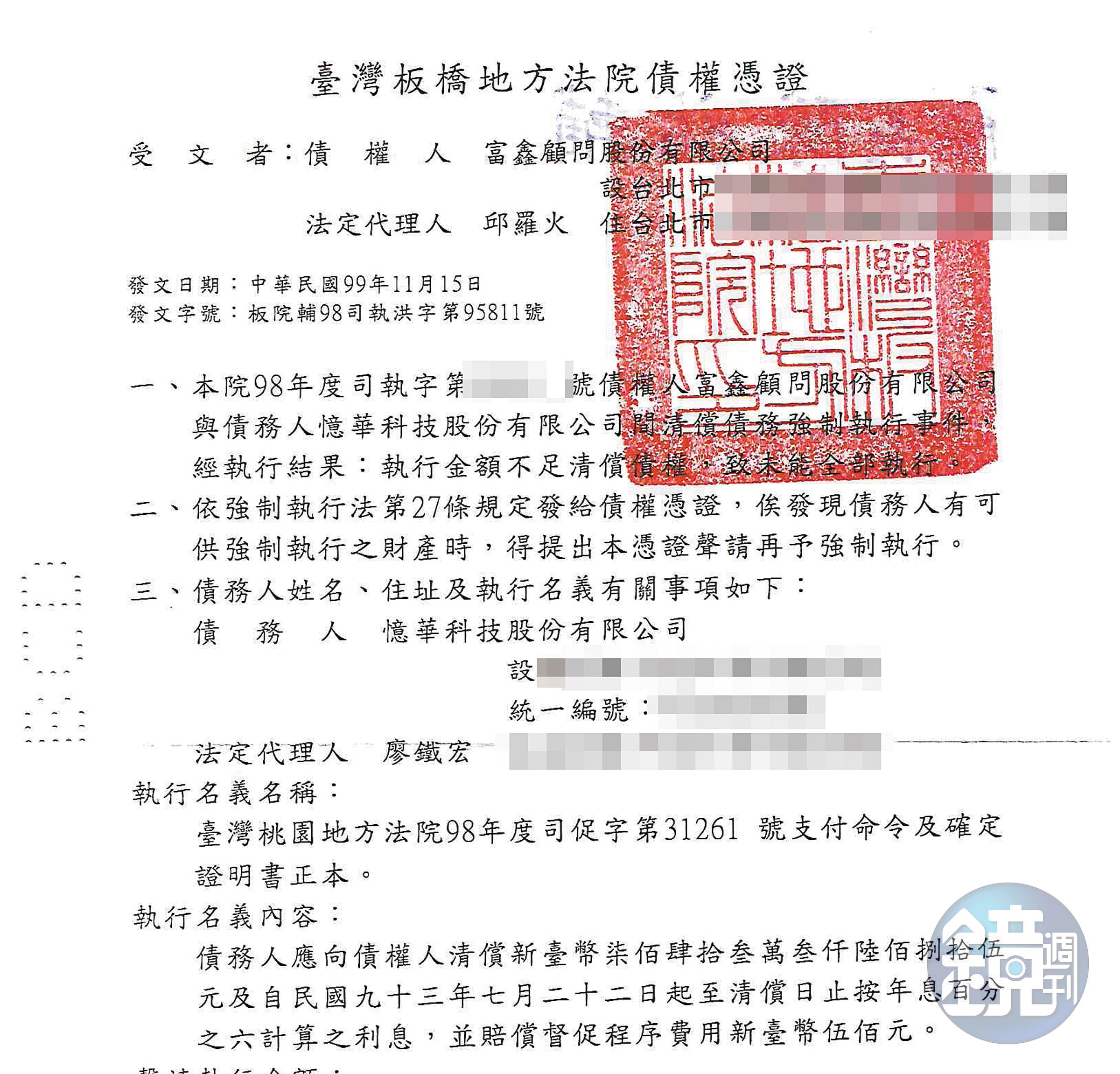 邱羅火遭惡意賴帳上千萬元,他自爆憶華科技老闆廖鐵宏及富商覃冠豪都欠錢不還,他向法院取得債權憑證也沒討回錢。(讀者提供)