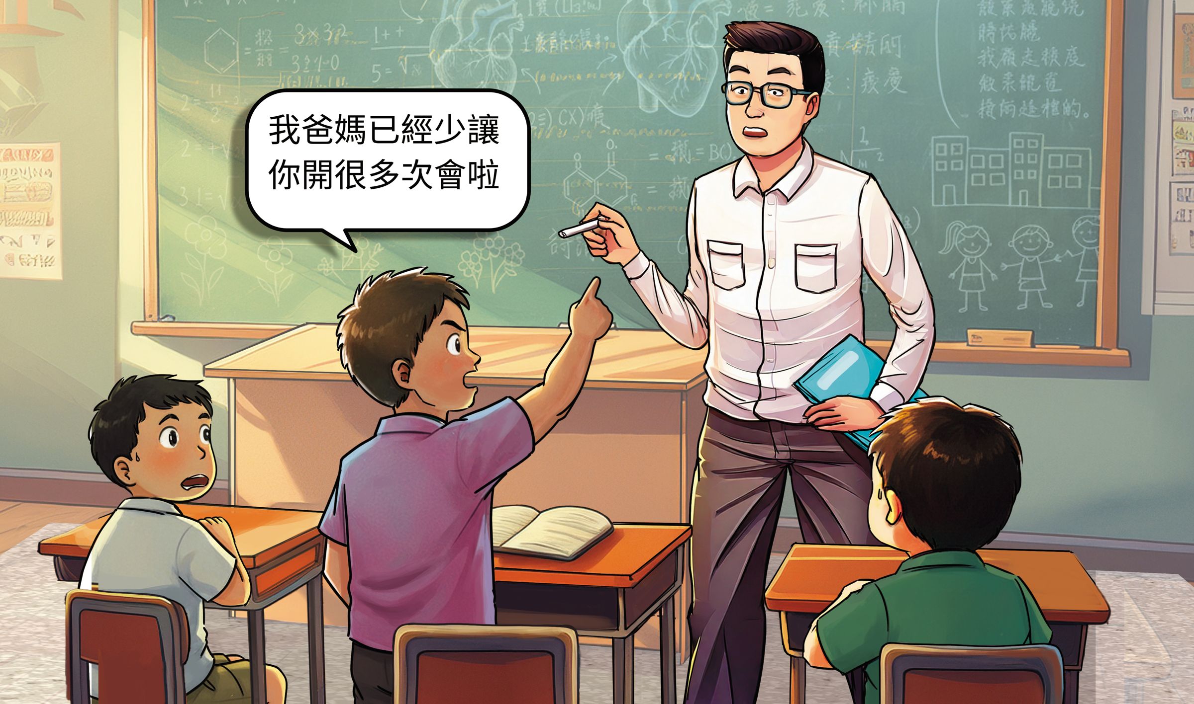 H老師上課時屢被有行為偏差問題的學生Z謾罵、嘲笑,其他同學看了也替老師抱屈。(AI繪圖Adobe Firefly生成,本刊美術組後製)