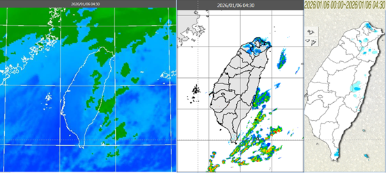 今晨4:30紅外線雲圖顯示,迎風面雲層雖多,但結構鬆散(左圖)。4:30降水回波合成圖顯示,北部陸地及東半部海上有降水回波(中圖)。4:30累積雨量圖顯示,北部及東半部零星降雨(右圖)。(翻攝自氣象應用推廣基金會)