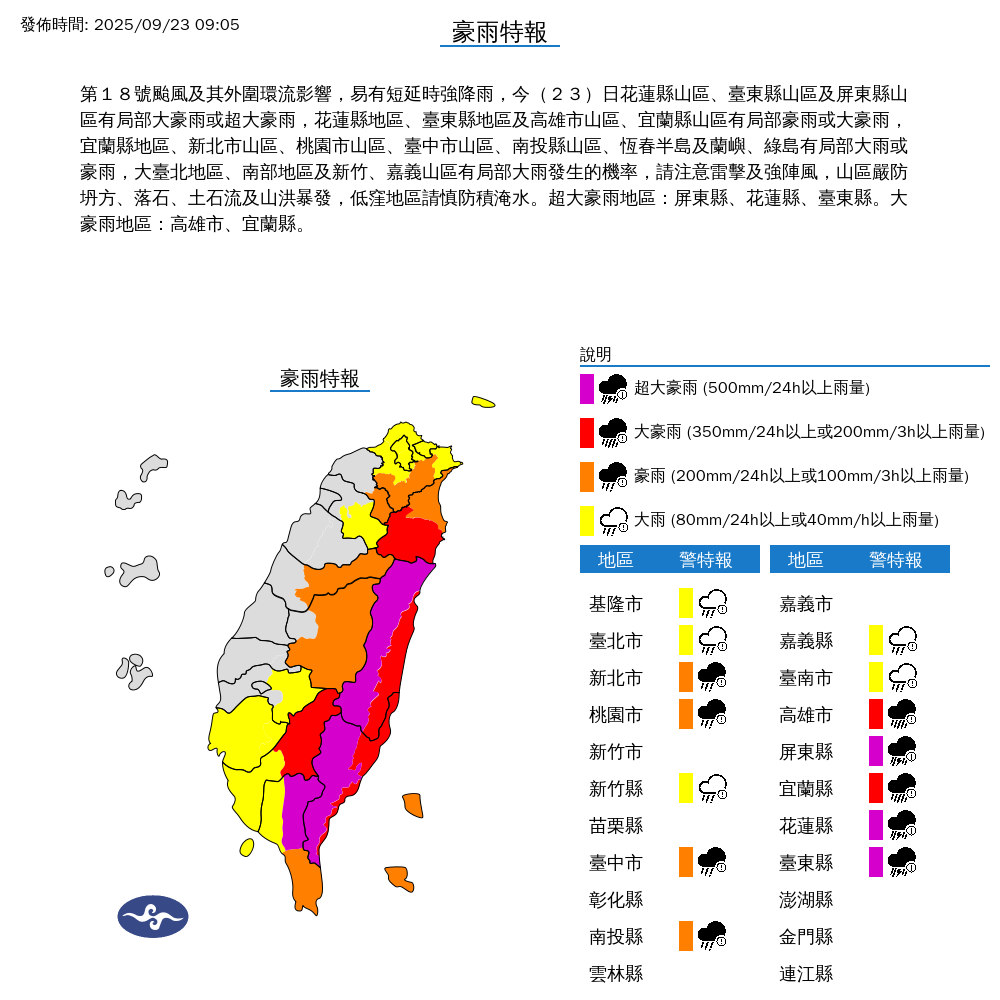 氣象署針對14縣市發布豪雨特報，其中屏東縣、花蓮縣及台東縣出現「紫爆」超大豪雨等級。（中央氣象署提供）