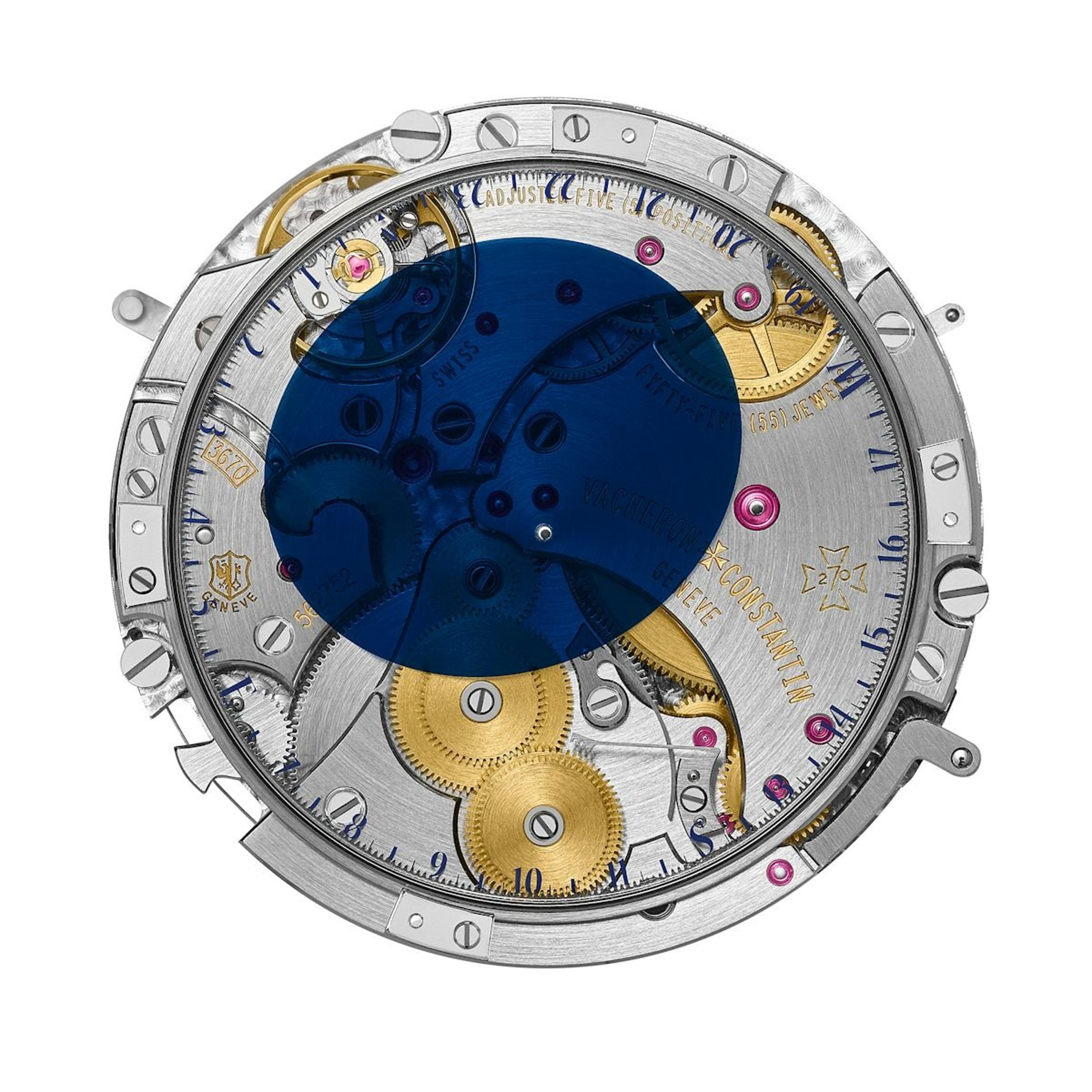 Calibre 3670 機芯專為Tribute to the Quest of Time研發,具 5Hz 振頻與 144 小時動力儲存,採用逆跳與人偶顯示模組,共含 512 枚零件,通過日內瓦印記認證,細節修飾極致。