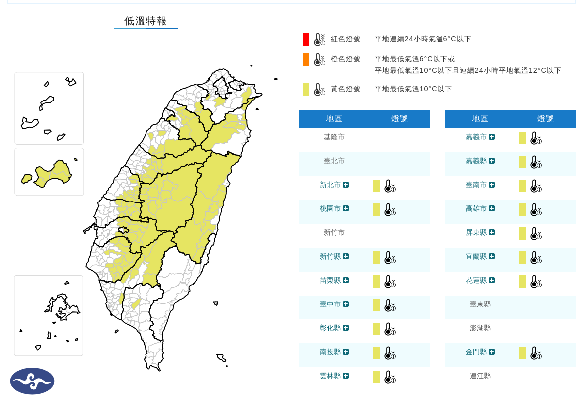 氣象署清晨針對16縣市發布低溫特報。(中央氣象署提供)