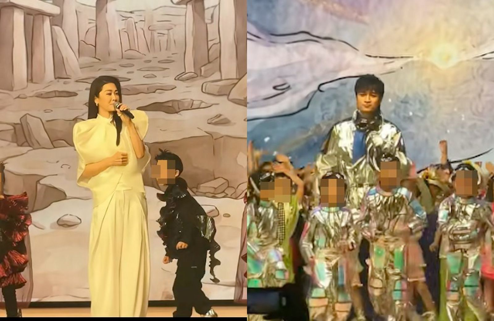 周勵淇（左圖）、古巨基（右圖）現身畢業典禮表演，現場星光熠熠。（翻攝抖音）