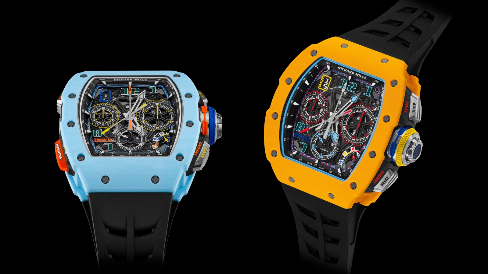 RM 65-01｜錶徑44.5 X 49.94mm／Quartz TPT®石英纖維材質／時、分、日期指示；追針計時碼錶；功能指示器／RMAC4自動上鍊機芯／黃色款限量120枚