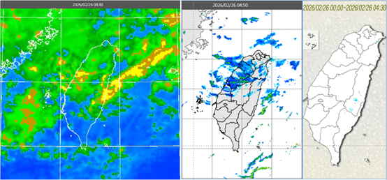  今晨4時40分紅外線色調強化雲圖顯示，台灣上空有鋒面殘存的中高雲（左圖）。4時50分雷達回波合成圖顯示，中高雲伴隨鬆散降水回波（中圖）。4時30分累積雨量圖顯示，東半部零星飄雨（右圖）。（翻攝自氣象應用推廣基金會）