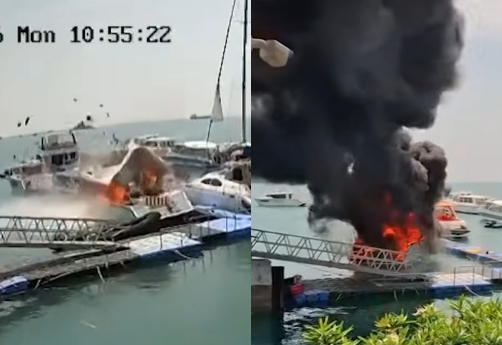 普吉島碼頭旁的一艘快艇突然爆炸,船上人員逃出後整船燒成火球。(翻攝自YouTube @thairathnews)