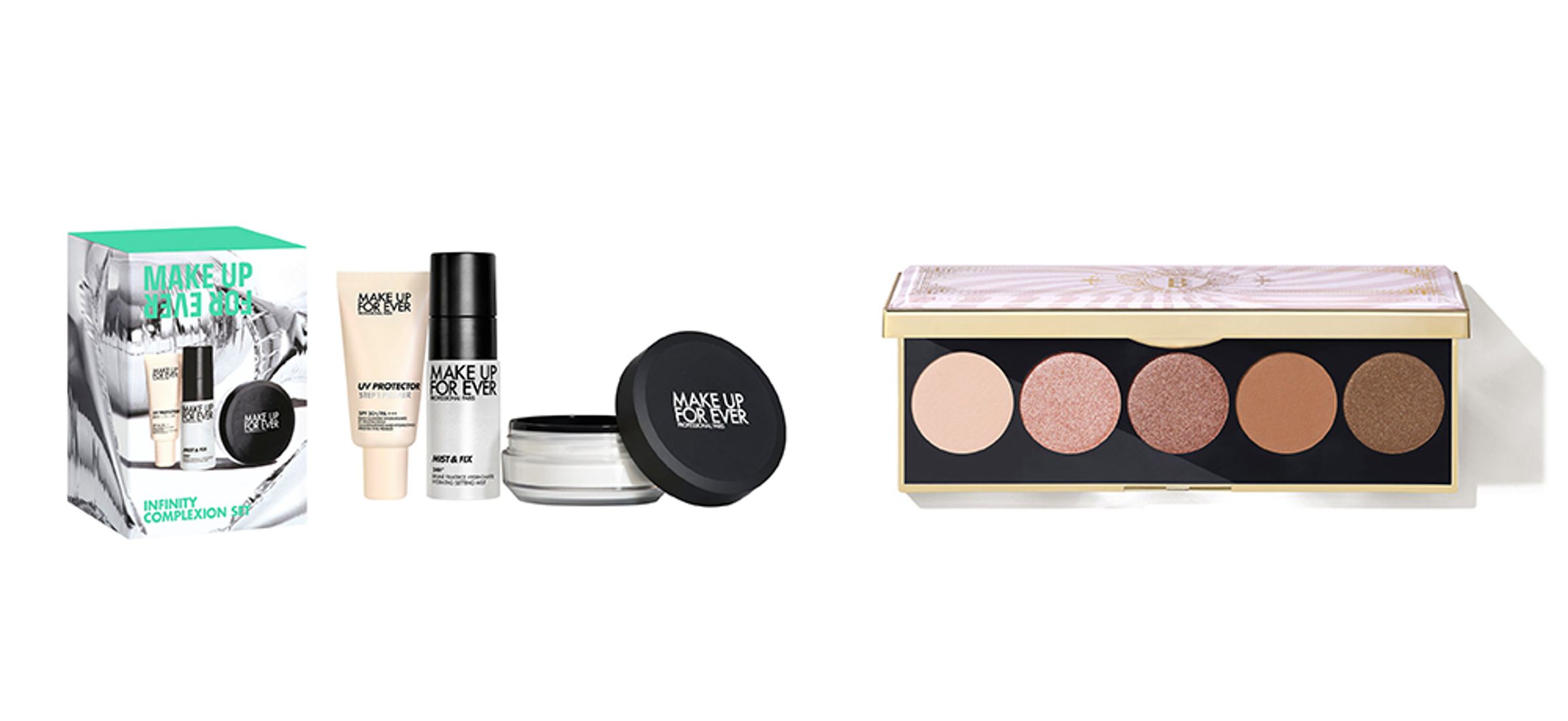 (左圖)MAKE UP FOR EVER新品首賣,銀星派對光圈防曬定妝組 特價64折1,900元 價值2,950元(右圖)BOBBI BROWN 新品首賣,粉紅幻影5色盤。9折特價2,160 元,價值2,400元。