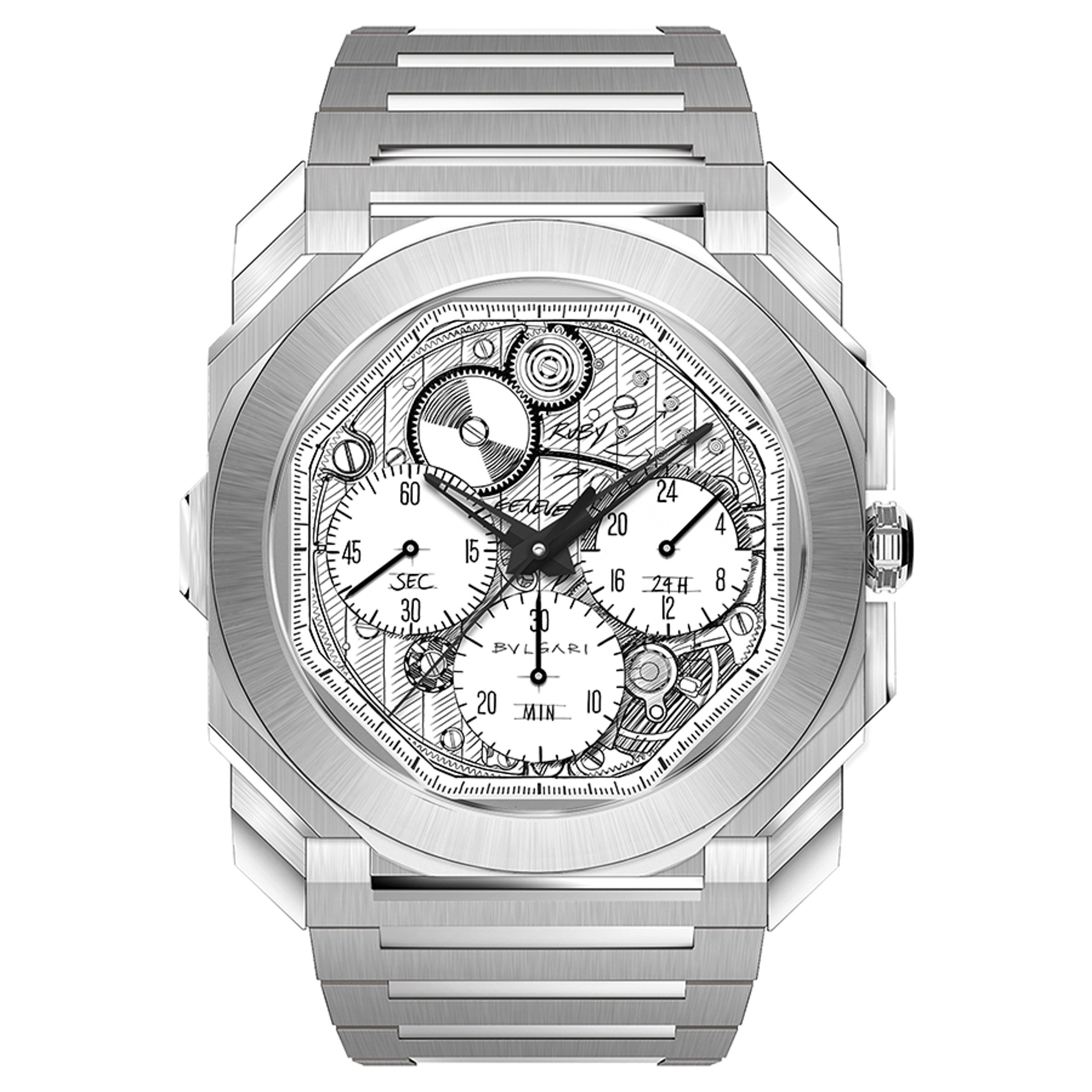 Octo Finissimo Chronograph GMT Sketch|型號104192/錶徑43mm/不鏽鋼材質/時、分、小秒、第二地時間指示;計時碼錶功能/BVL 318自動上鍊機芯/動力儲存約55小時/防水100米/限量140只