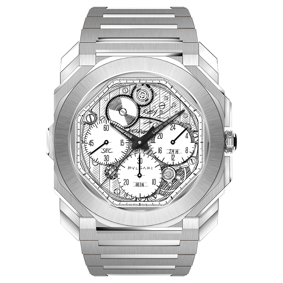 Octo Finissimo Chronograph GMT Sketch｜型號104192／錶徑43mm／不鏽鋼材質／時、分、小秒、第二地時間指示；計時碼錶功能／BVL 318自動上鍊機芯／動力儲存約55小時／防水100米／限量140只