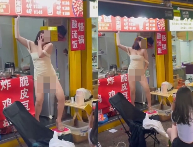 中國傳出一家炸蝦攤請來辣妹跳露毛舞攬客，現場路過民眾也停下腳步圍觀。（翻攝微博）