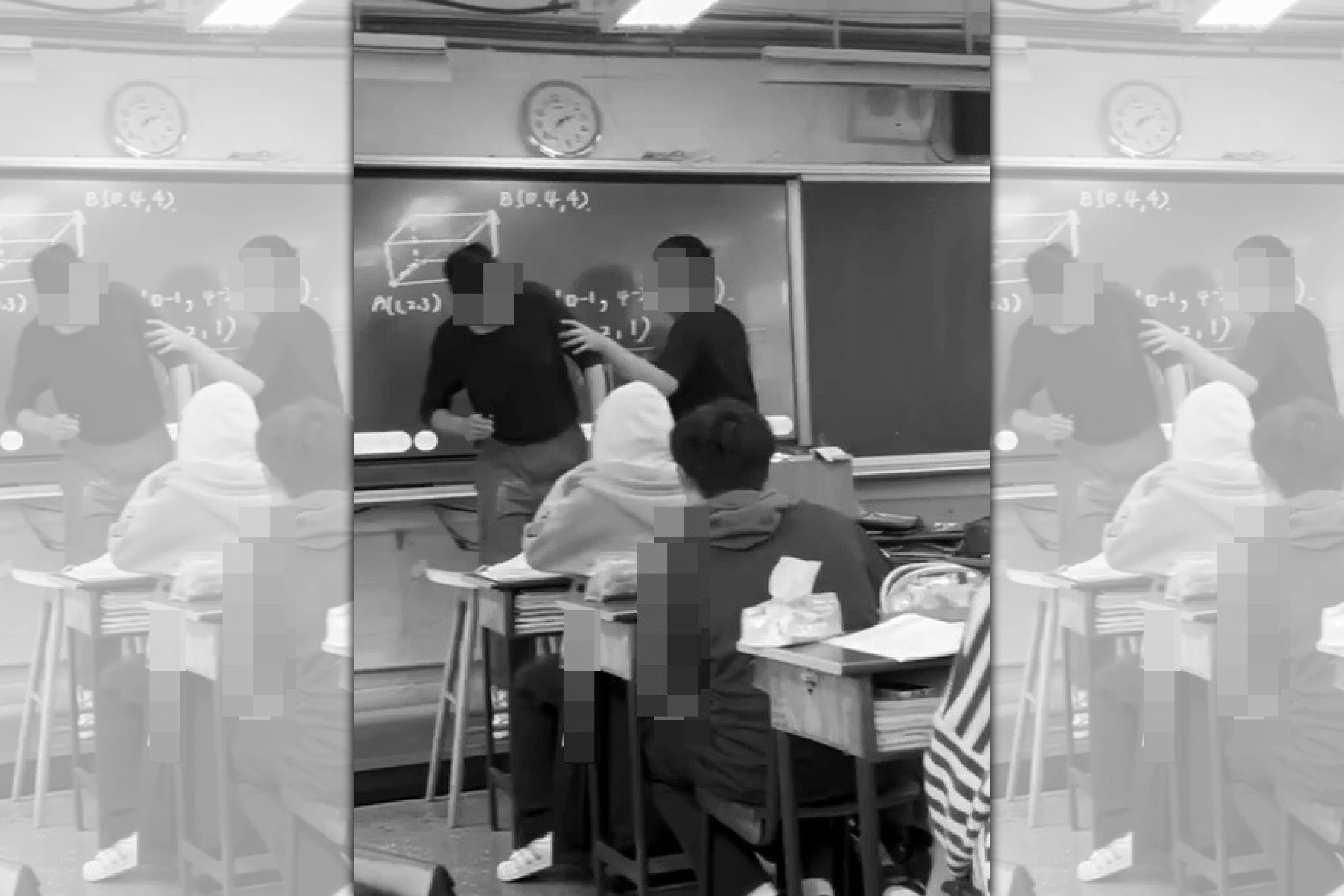 男同學（右）課堂上情緒不穩，對發生衝突的老師（左）2度暴力相向。（翻攝自網路）