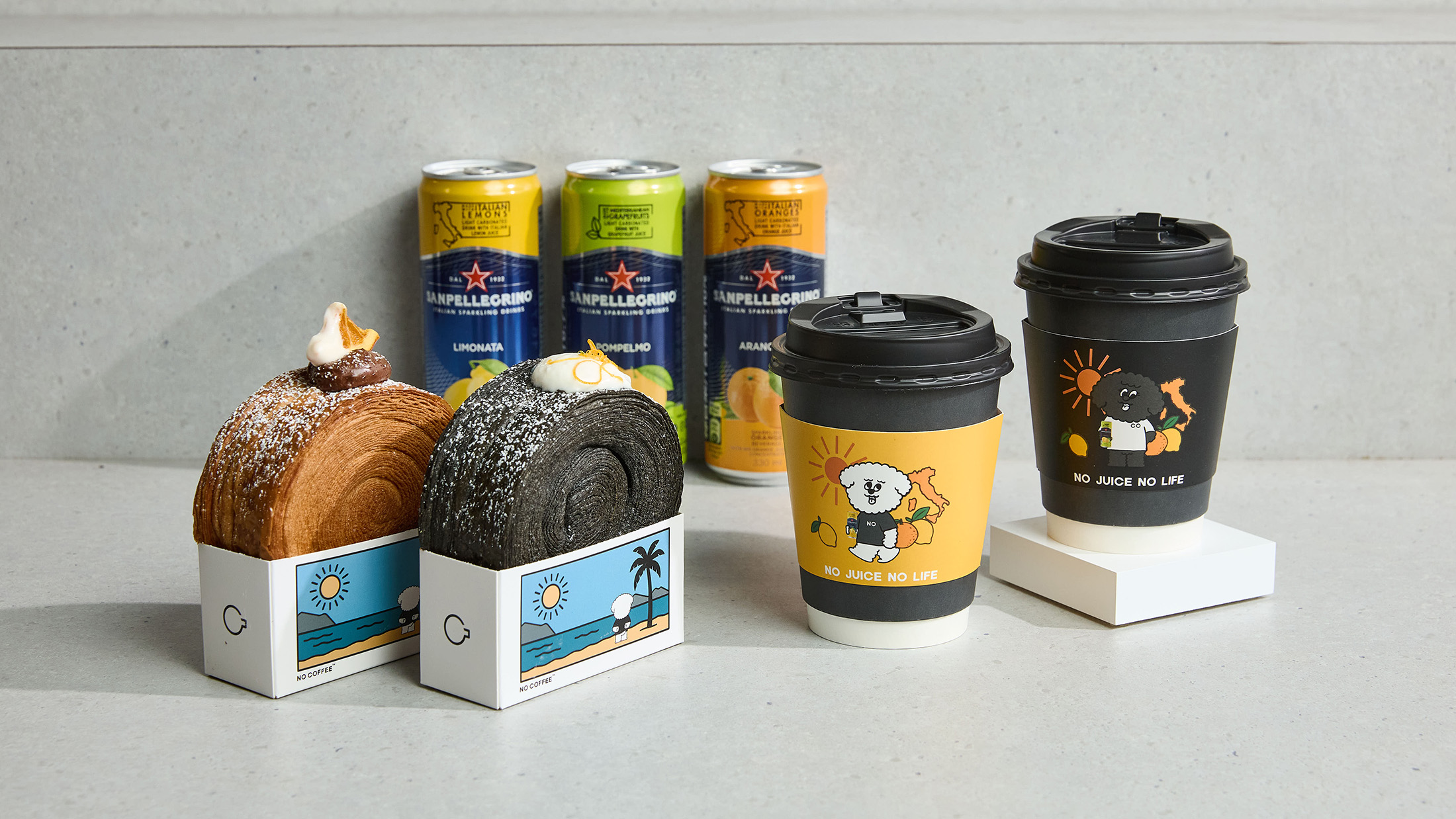 當義大利百年氣泡水遇上日本咖啡潮牌，聖沛黎洛與NO COFFEE攜手打造「NO JUICE NO LIFE」跨界聯名，用一杯飲料串聯起兩種生活風格。（聖沛黎洛提供）