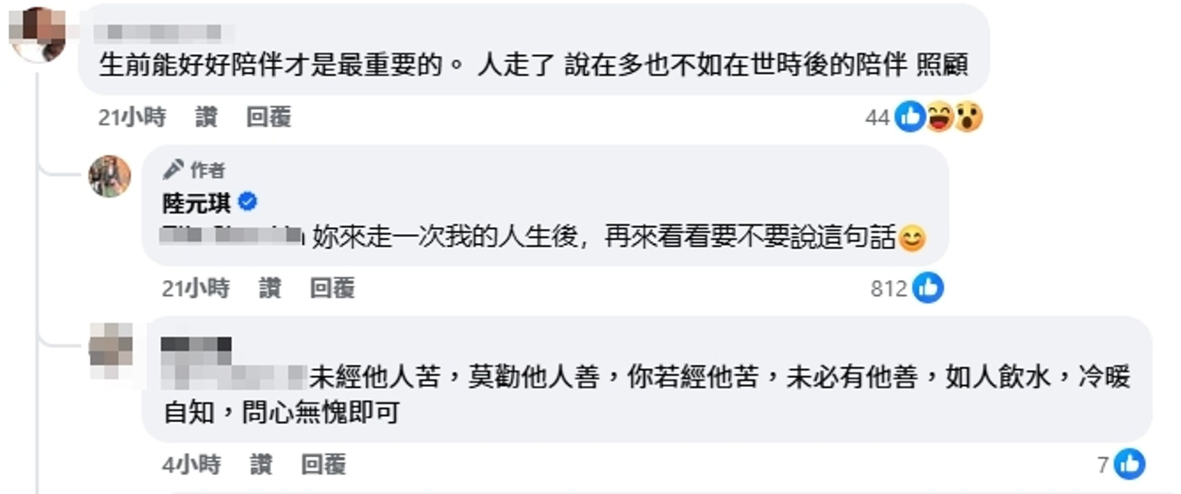 陸元琪公開回應網友留言。（翻攝自臉書）