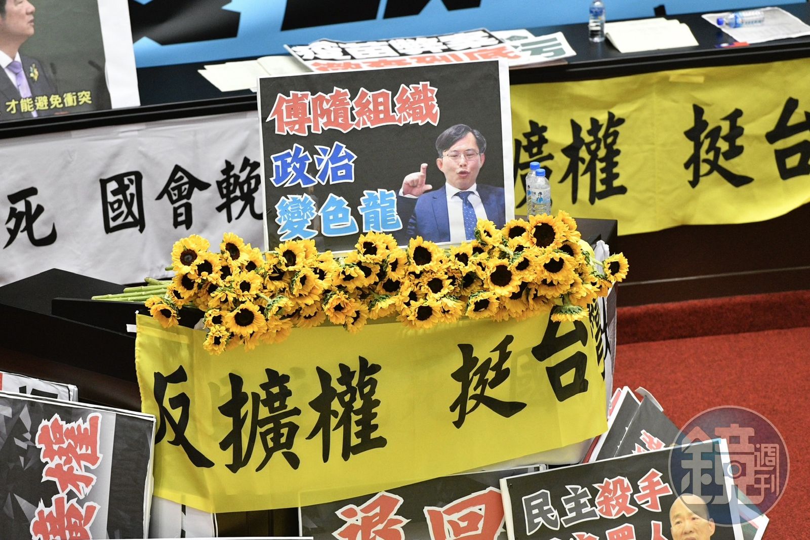 立法院內晚間開起太陽花，並掛起「反擴權，挺台灣」布條。