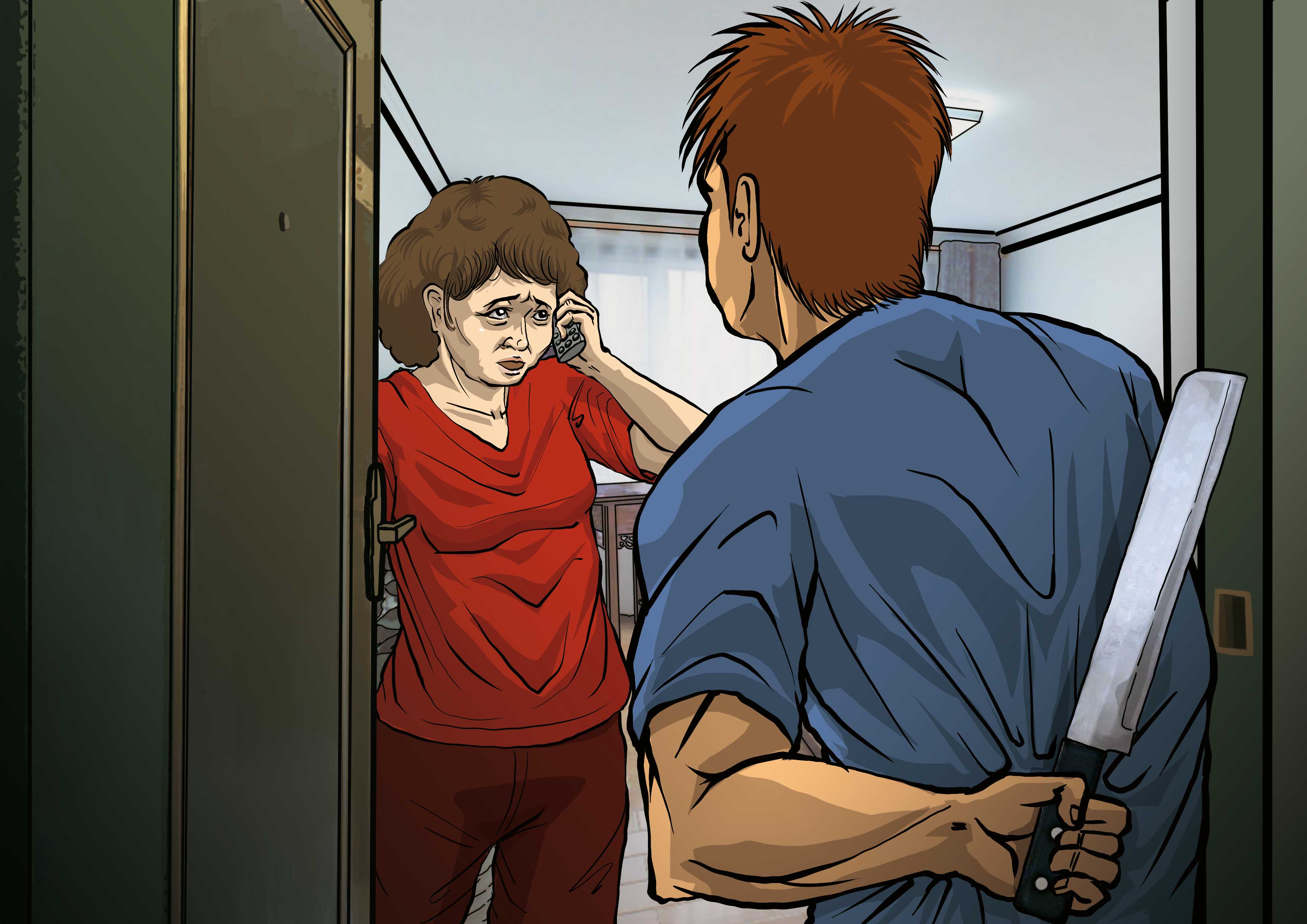 凶手帶西瓜刀按門鈴,正在講電話的死者不疑有他,開門讓對方進入。