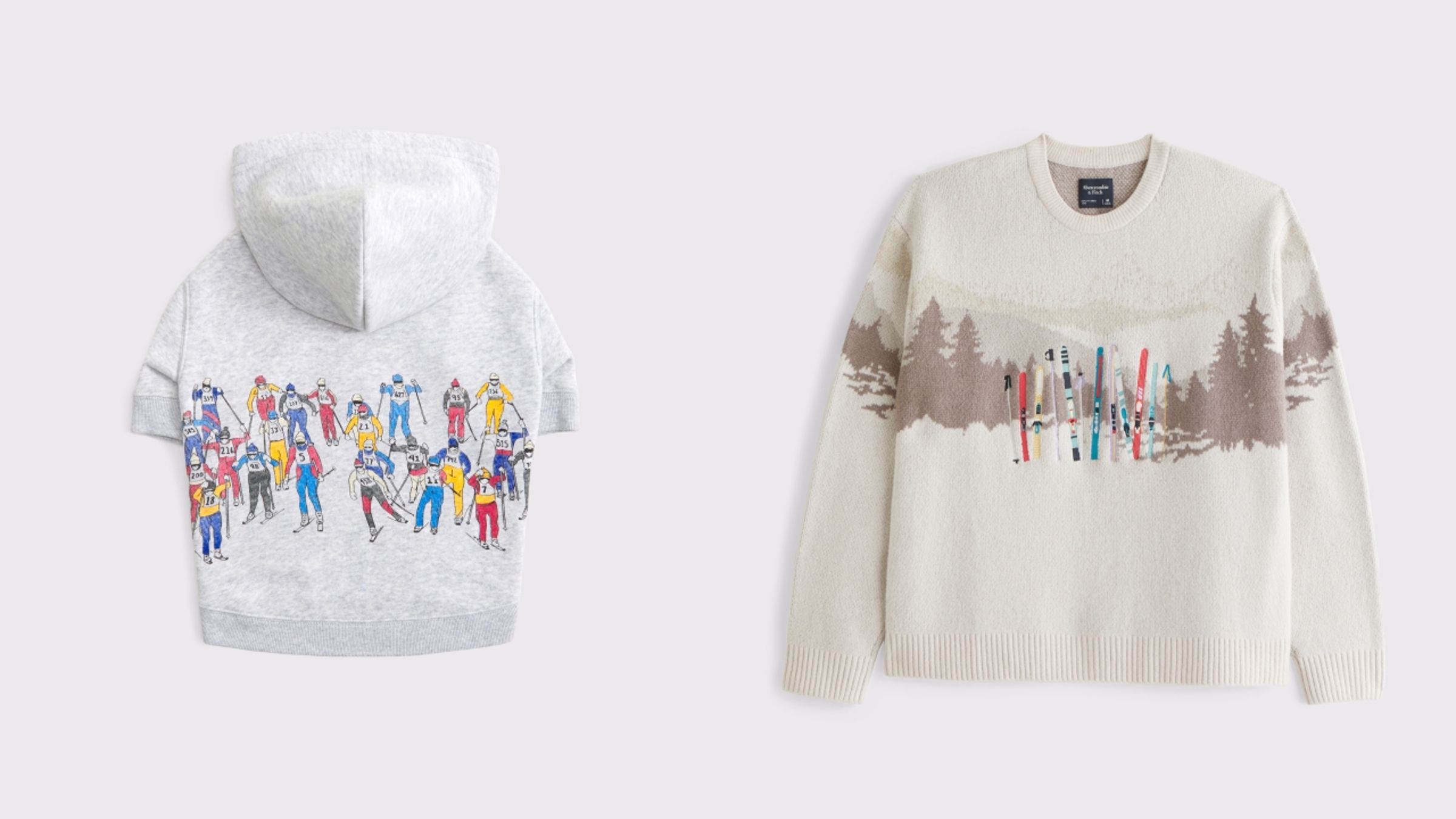 (右起)Abercrombie & Fitch寵物連帽上衣NT$1,390、男女共版滑雪場針織毛衣NT$3,690。(onefifteen初衣食午提供)