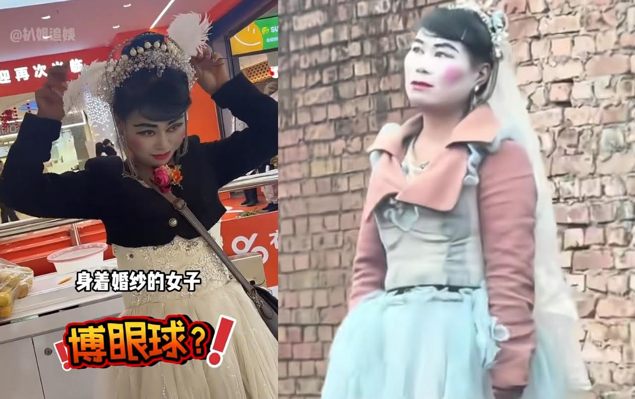 中國山東一名女子常穿婚紗現身街頭或陌生人婚禮，背後身世眾多紛紜。（翻攝微博）