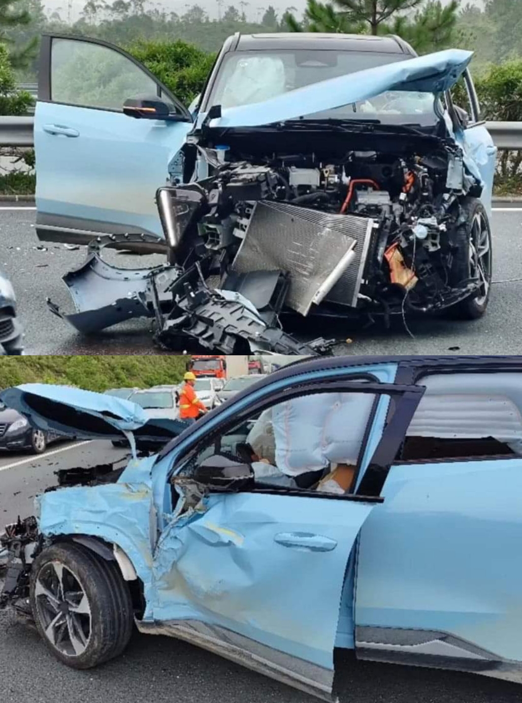 劉樂妍去年車禍頻傳，還曾在快速道路上撞爛車頭。（翻攝微博）
