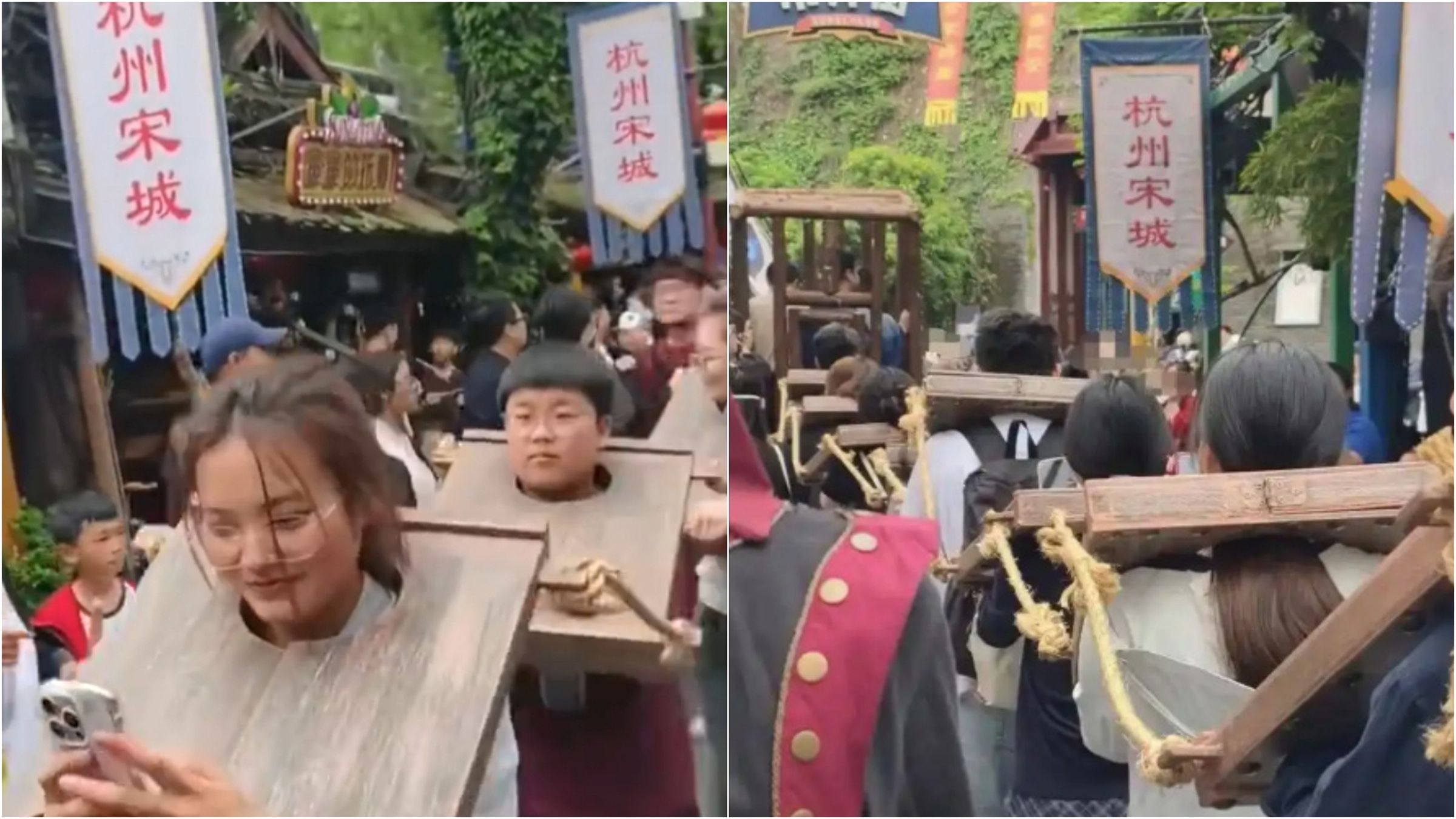 中國一處風景區讓遊客體驗戴罪枷坐囚車遊街，引發討論。（翻攝微博）