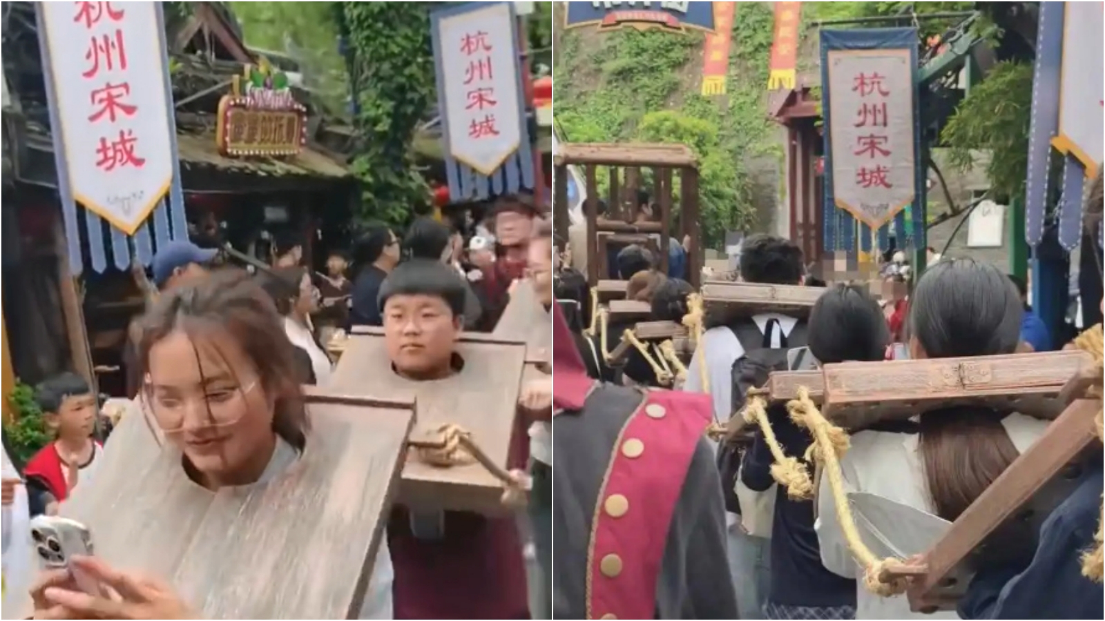 中國一處風景區讓遊客體驗戴罪枷坐囚車遊街，引發討論。（翻攝微博）