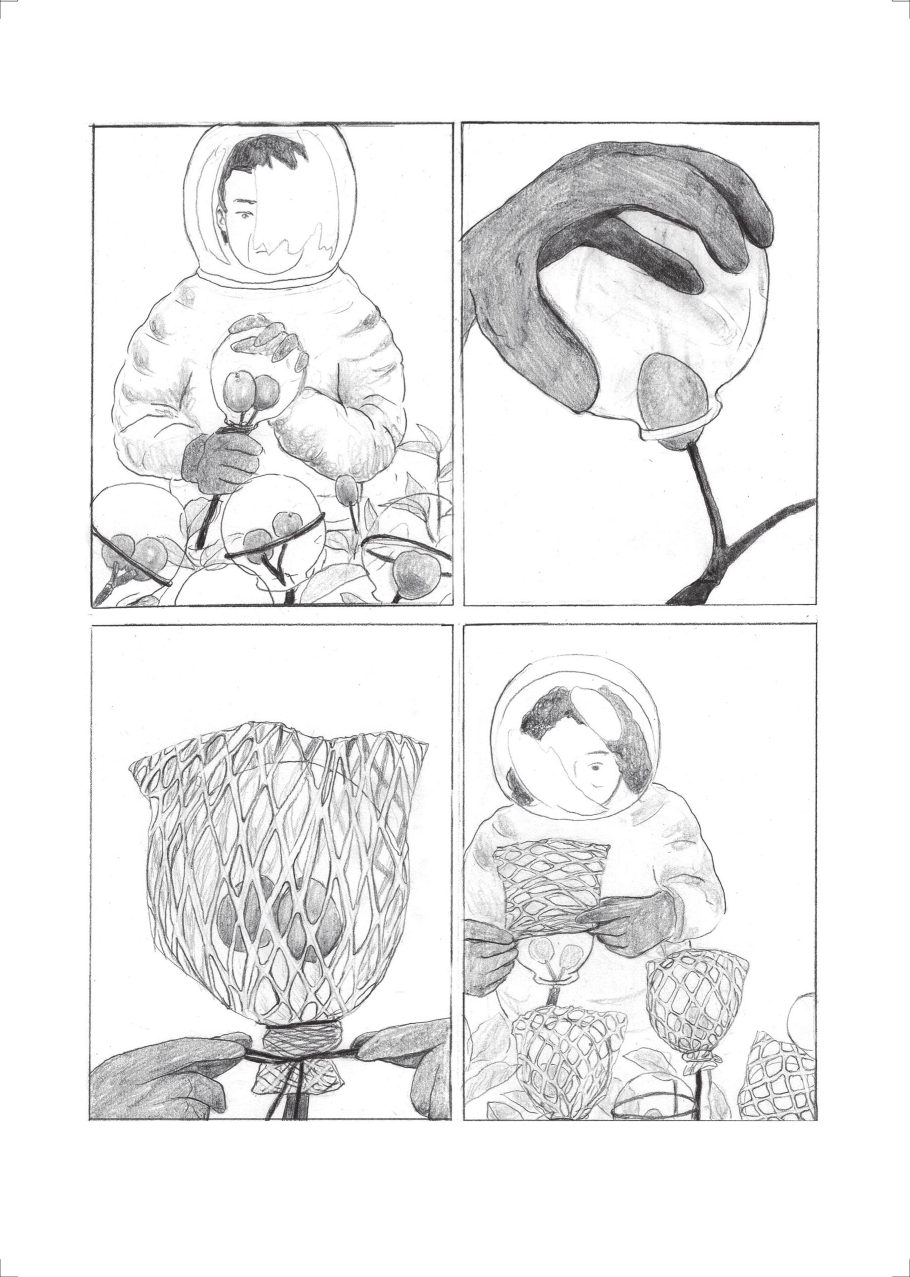 〈酒是機率-永不分離的機率〉將台中東榮農場一對夫妻製作「瓶中梨」特色酒的甘苦轉化成一場奇幻的夢境。(聚場文化提供)