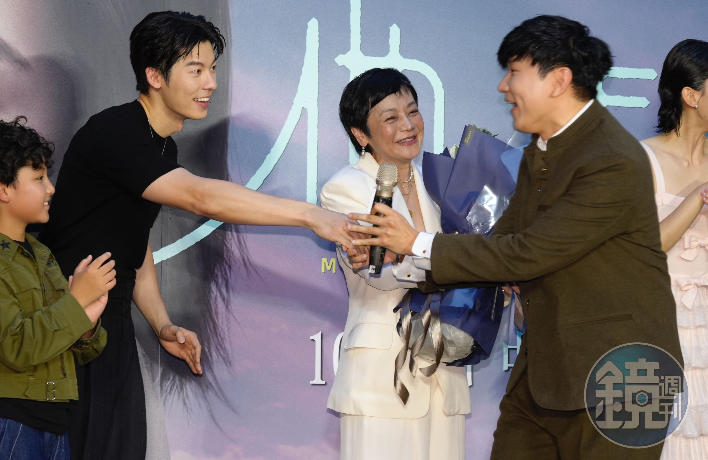 許光漢（左起）、監製張艾嘉，與獻唱片中主題曲的林俊傑。
