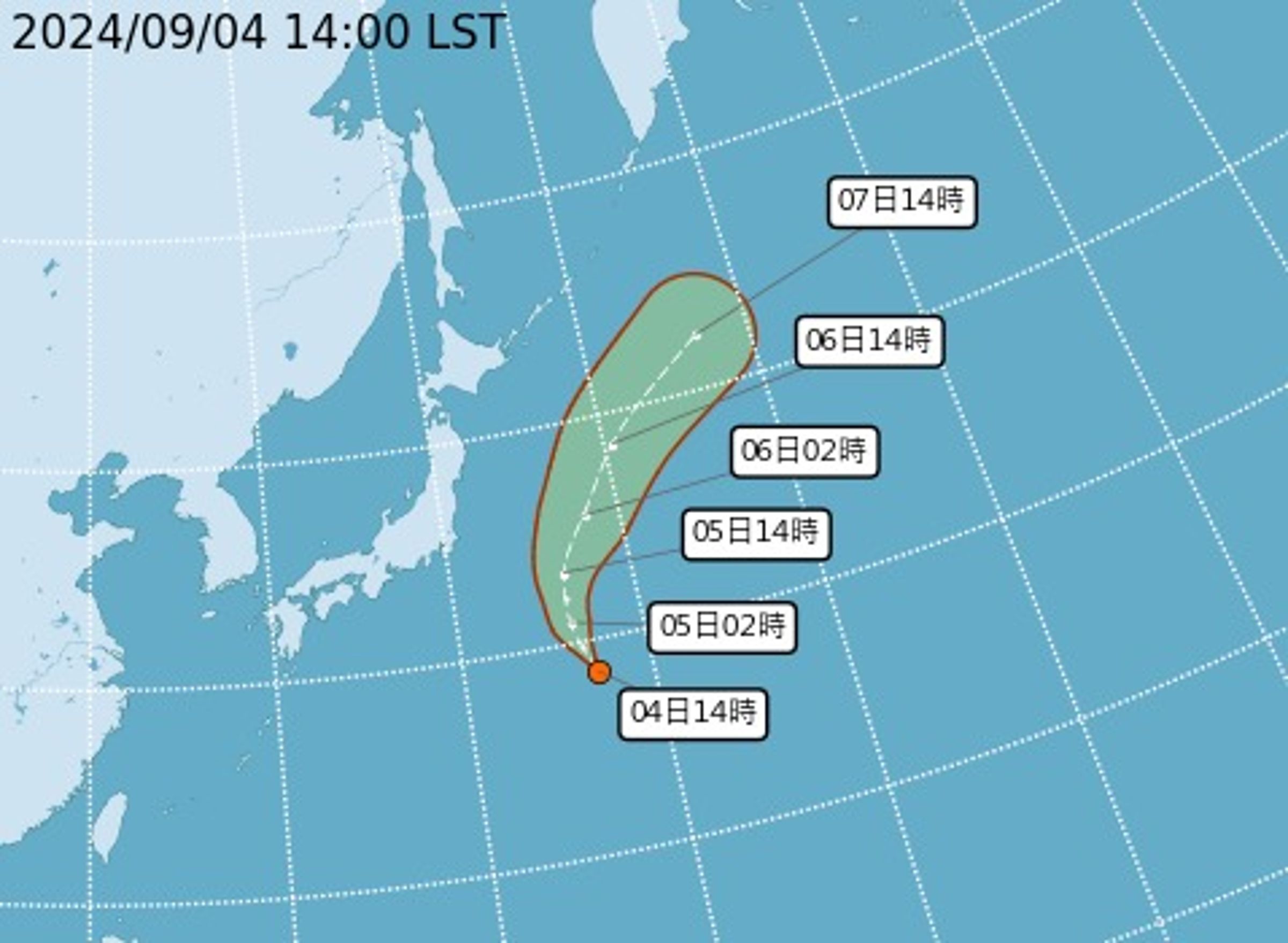 位於日本東南方海面的熱帶性低氣壓TD13以時速26公里,向北北西移動,因環境不利於發展,未來成為颱風機率不高。(翻攝自氣象署)
