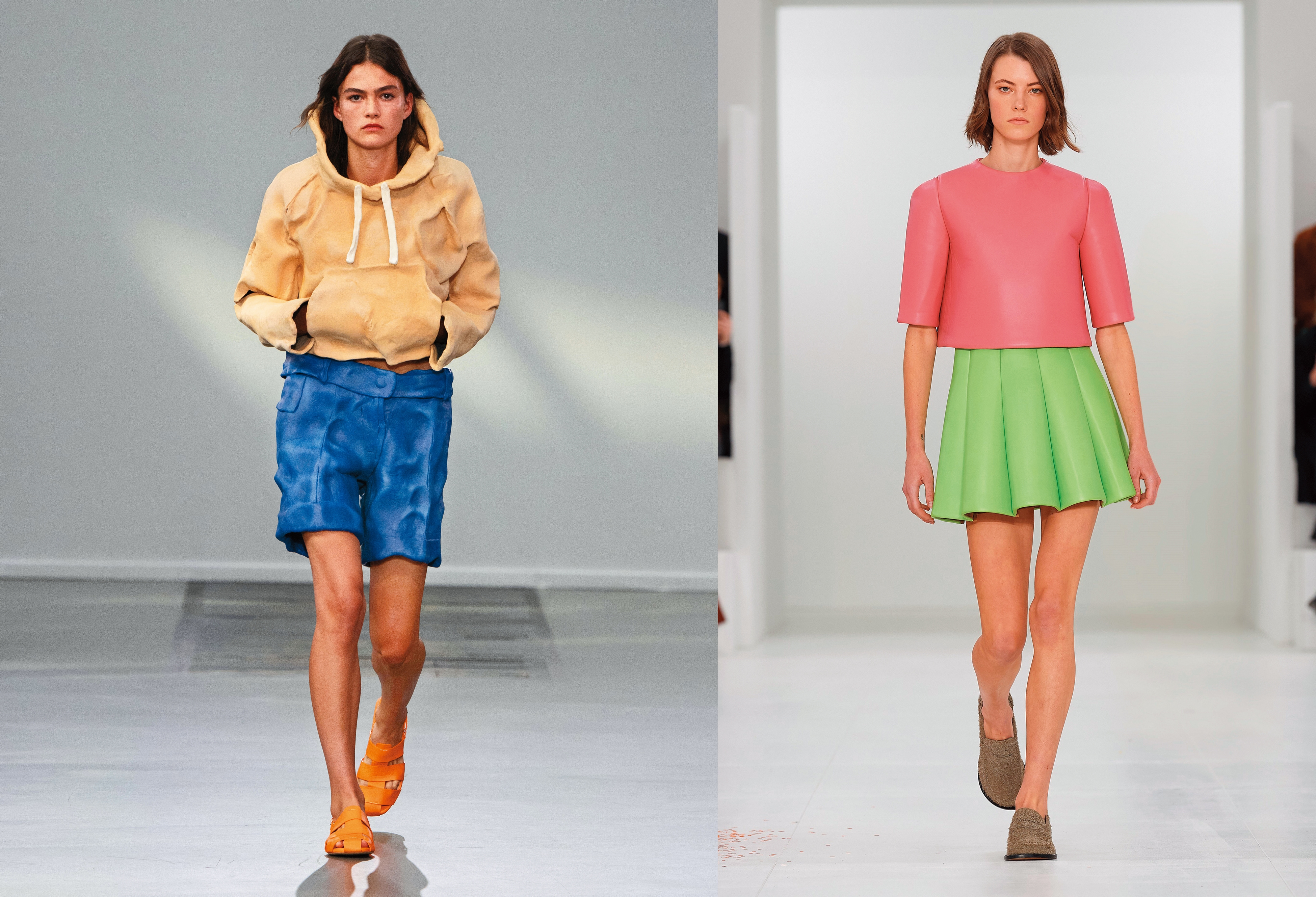 JW ANDERSON 2024年春夏將兒時玩的黏土建模成帽T和短褲，登上話題中心（圖左）。	LOEWE 2023秋冬的皮製套裝，看似2D漫畫人物的衣裳，被戲稱「靜香裝」（圖右）。