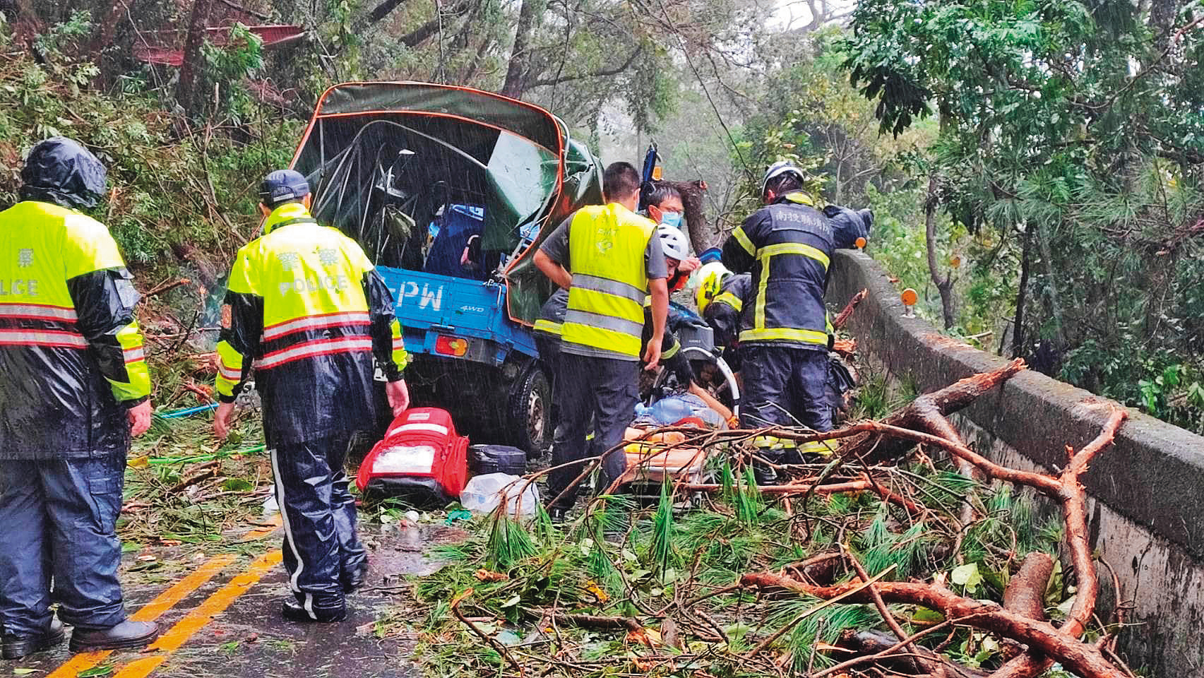 颱風期間一輛小貨車行經合歡山公路，女乘客慘遭路樹壓死。（讀者提供）