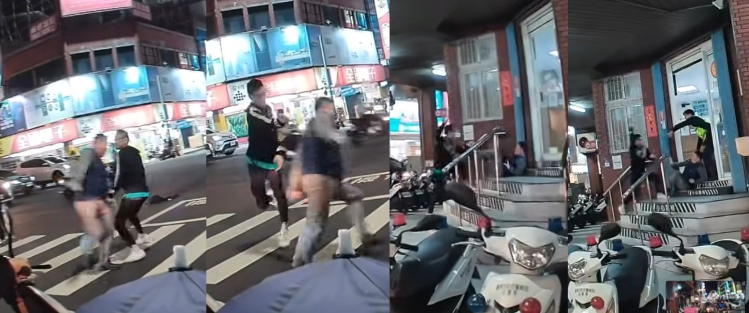 台南市金華派出所前昨晚發生持刀攻擊事件，29歲陳姓男子砍傷1男1女，警方即時衝出壓制，整起過程遭外送員行車紀錄器拍下，引發熱議。（翻攝自臉書/台南大小事）